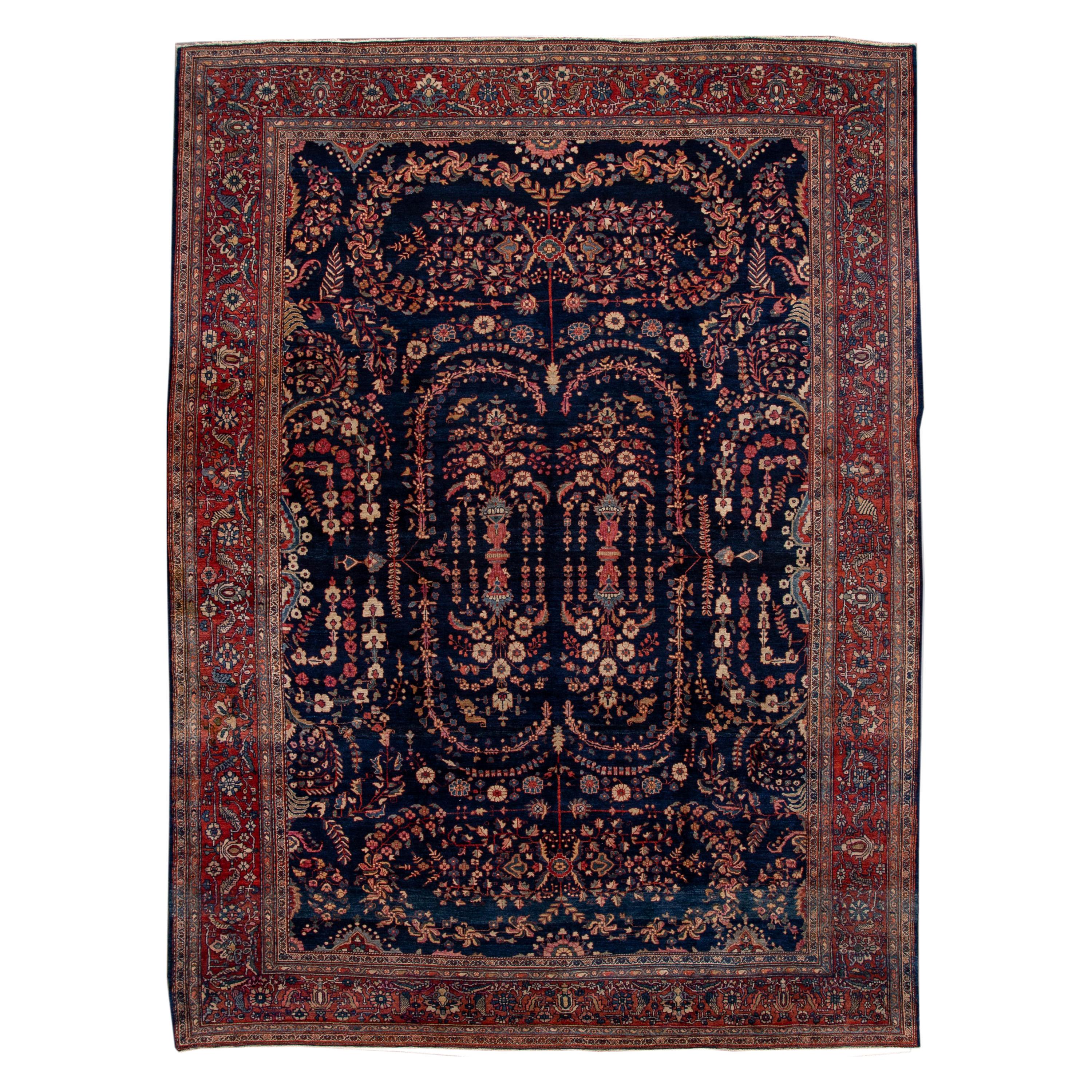 Antique Sarouk Farahan Blue Persian Handmade Wool Rug For Sale