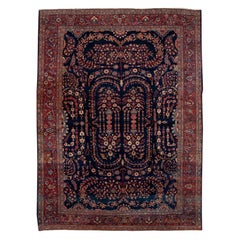 Ancien tapis persan Sarouk Farahan bleu en laine fait à la main