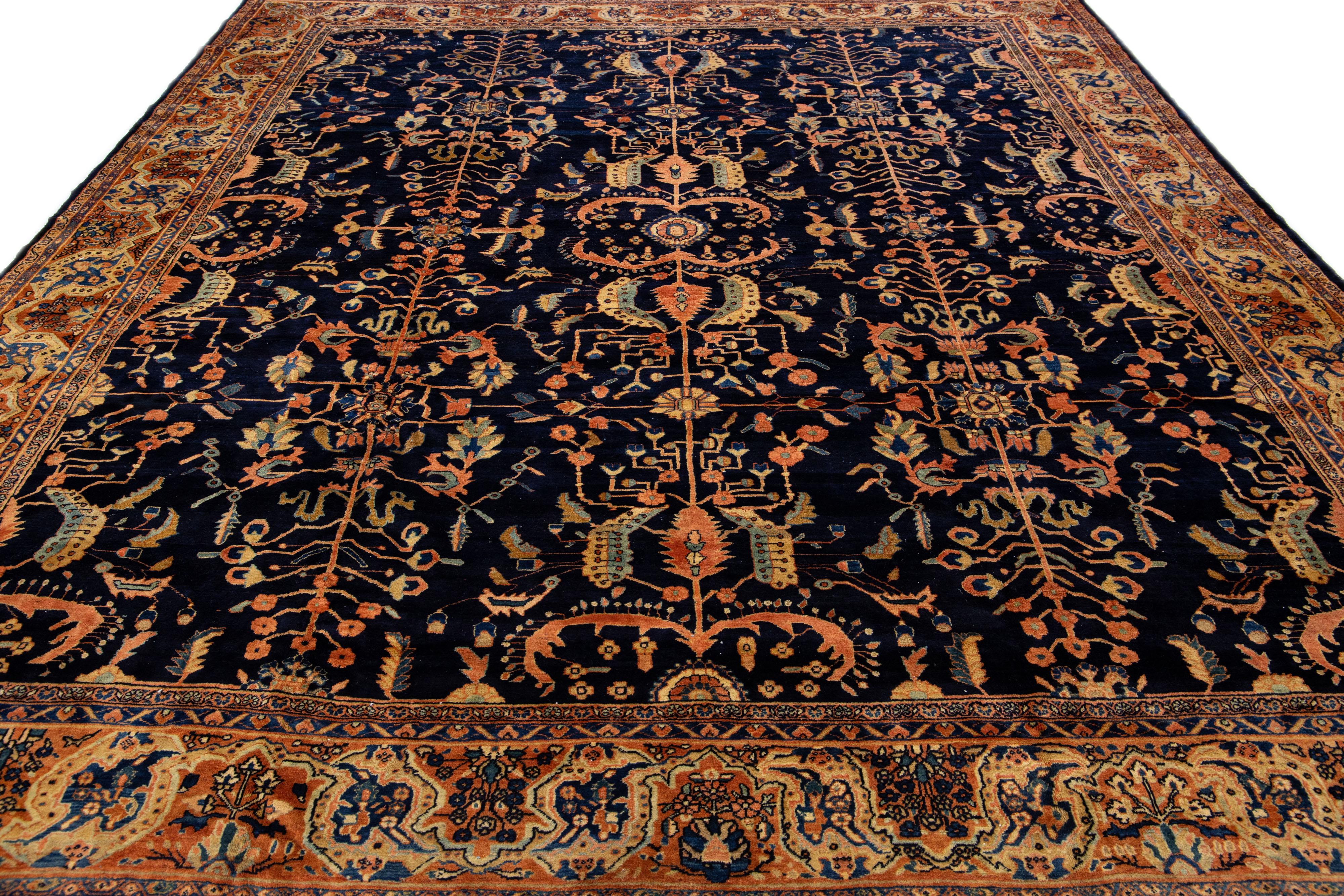 Hand-Knotted Antique Sarouk Farahan Handmade Dark Blue Persian Wool Rug with Floral Pattern For Sale