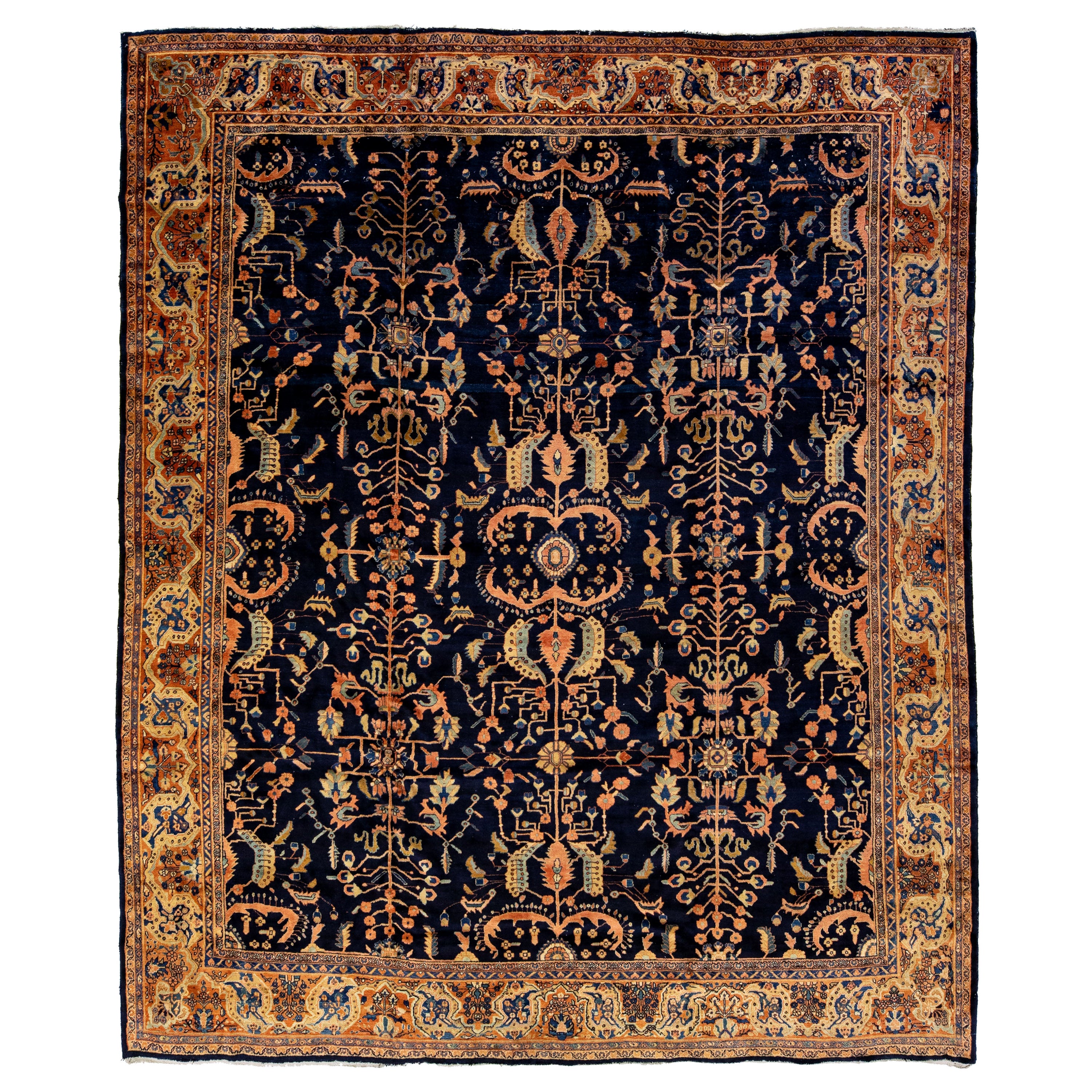 Tappeto antico in lana persiana blu scuro fatto a mano Sarouk Farahan con motivo floreale