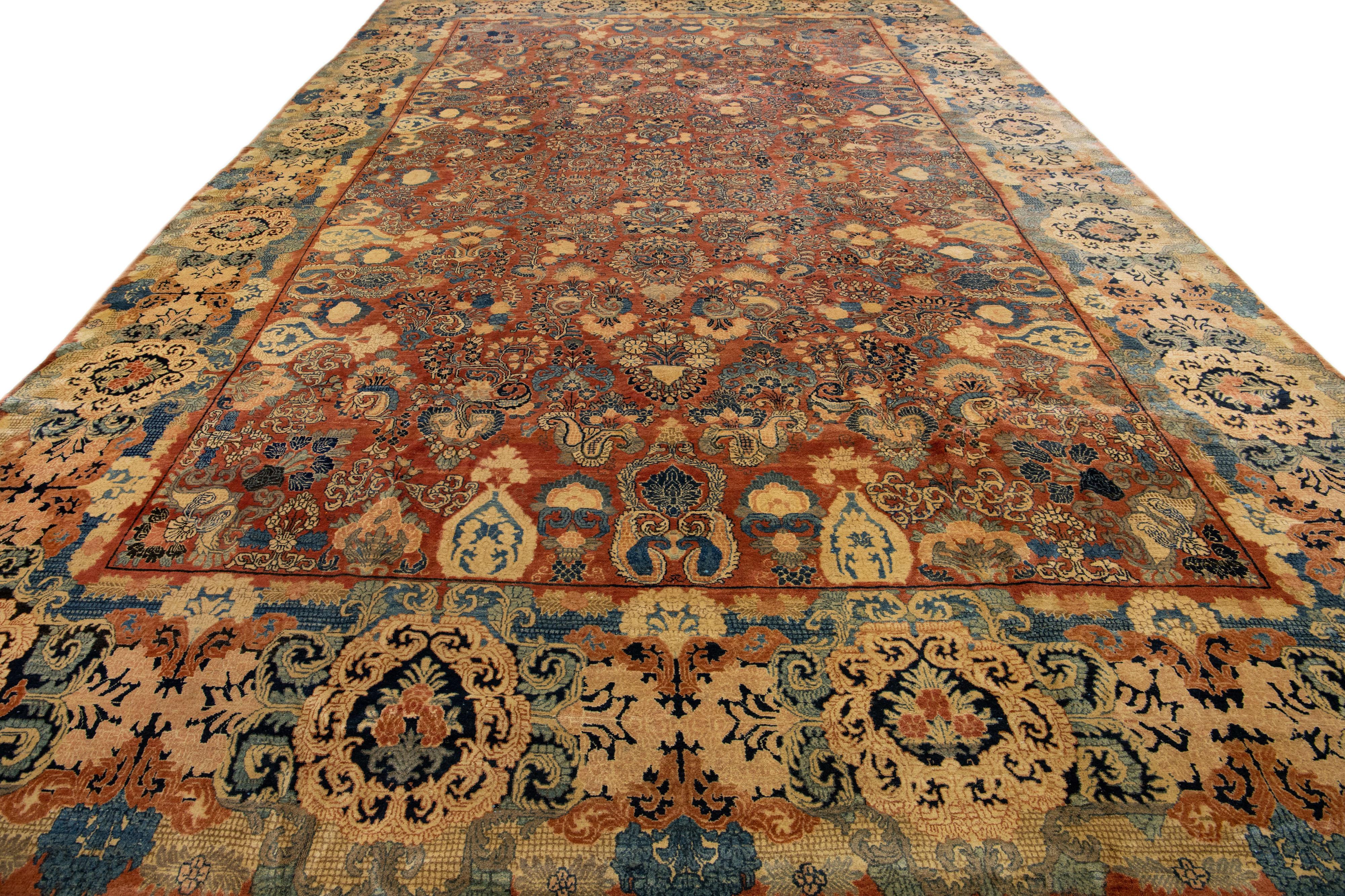 Hand-Knotted Antique Sarouk Farahan Orange Handmade Persian Wool Rug with Allover Motif For Sale