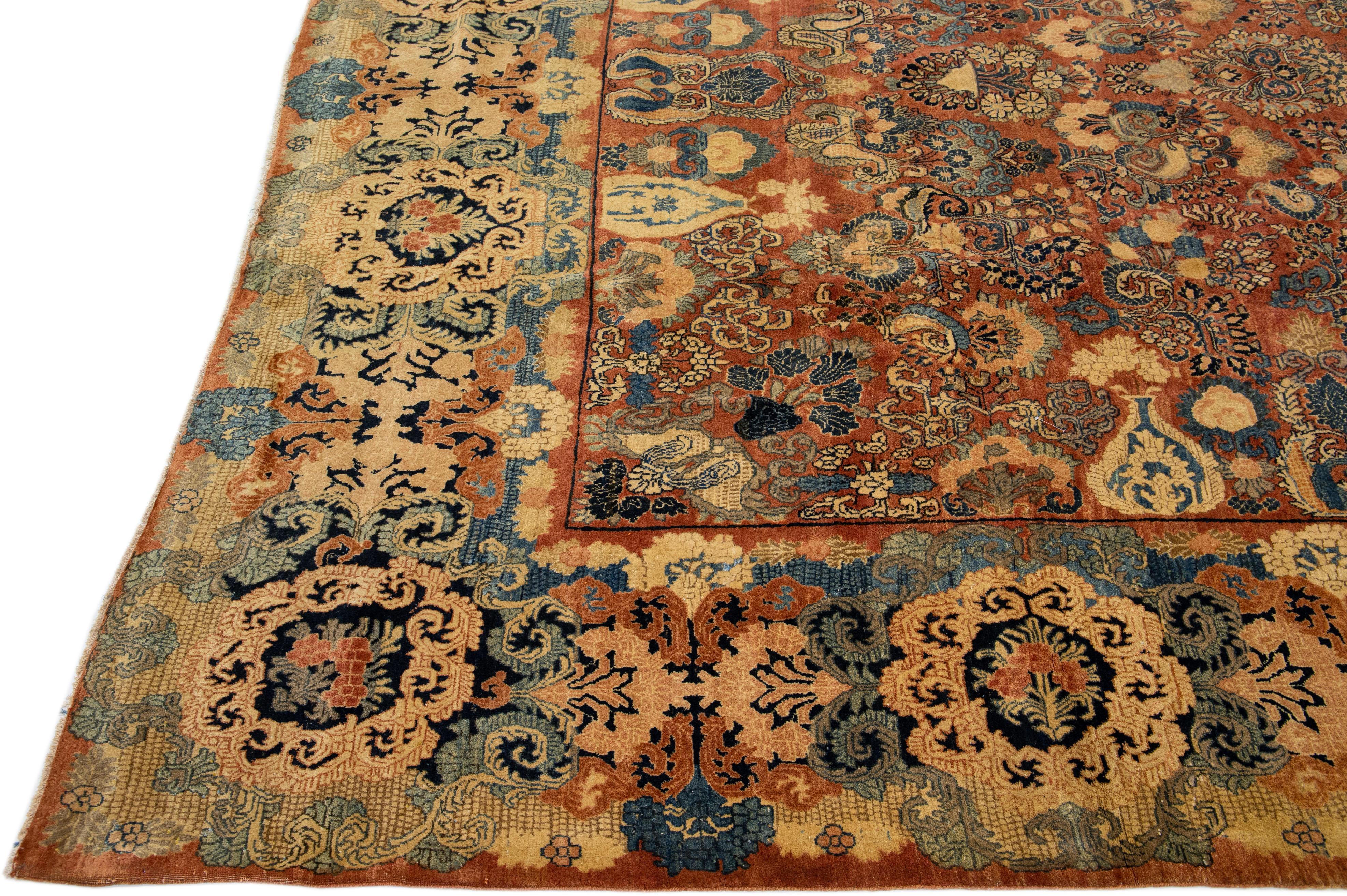 Antique Sarouk Farahan Orange Handmade Persian Wool Rug with Allover Motif In Good Condition For Sale In Norwalk, CT