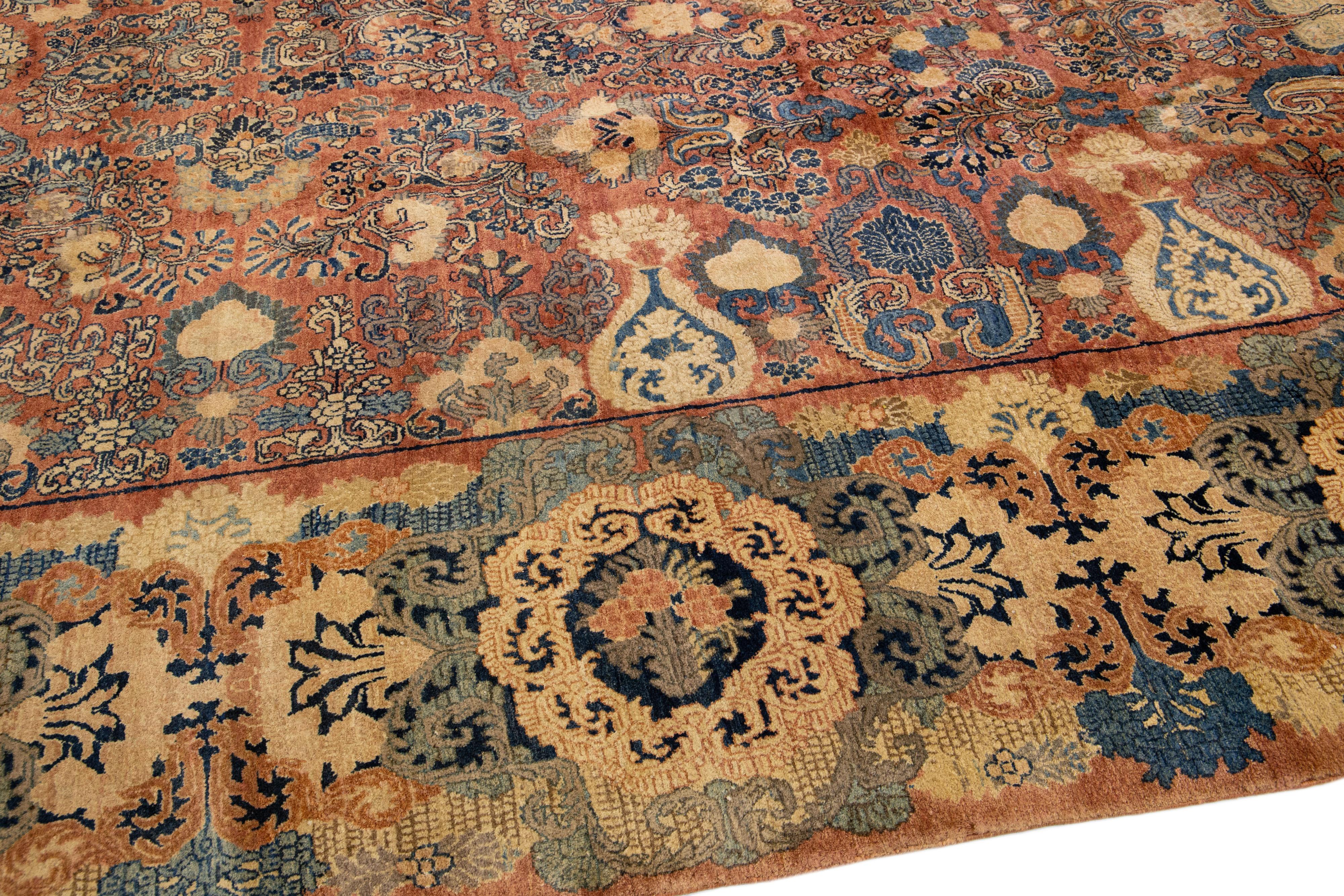 Antique Sarouk Farahan Orange Handmade Persian Wool Rug with Allover Motif For Sale 2