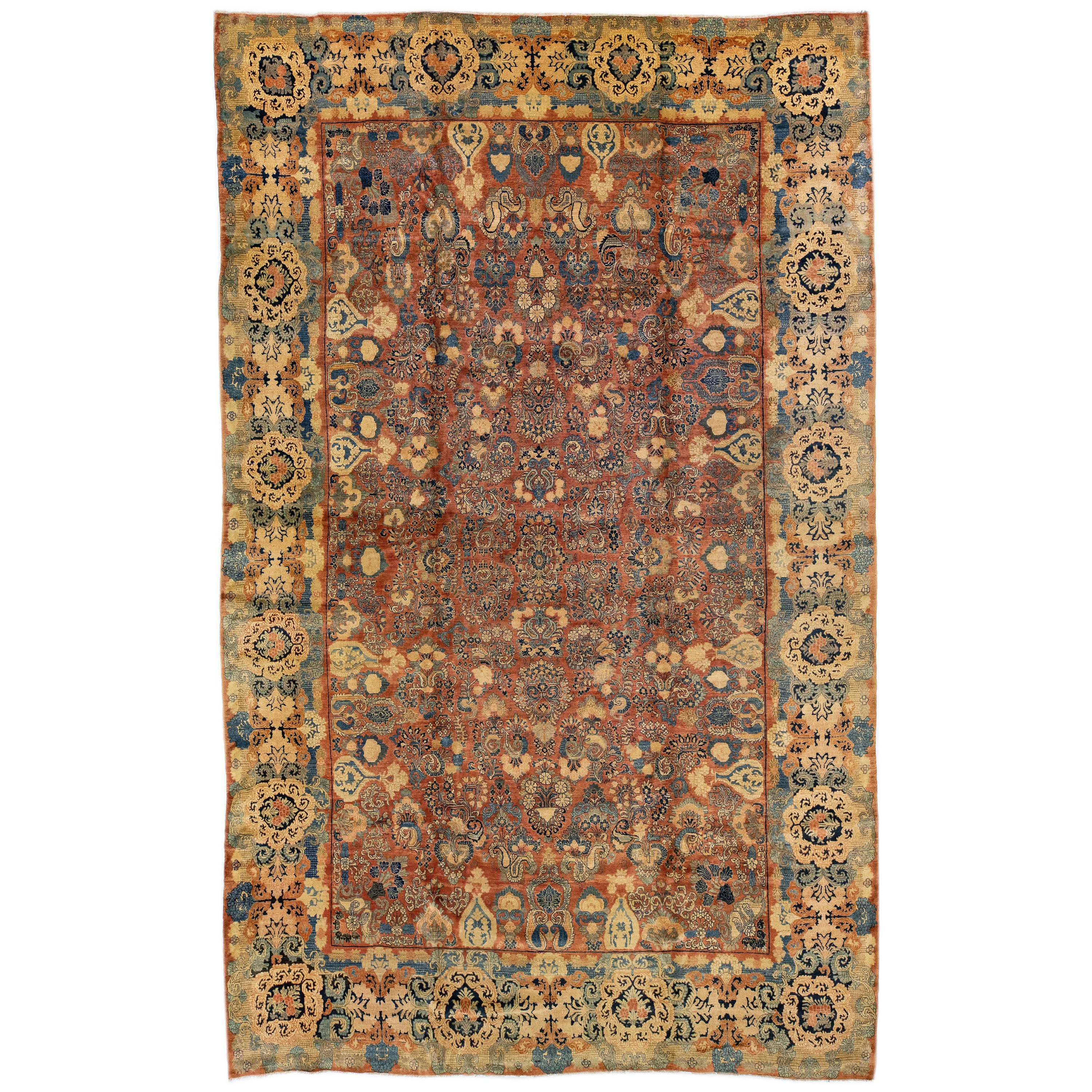 Antiker antiker Sarouk Farahan Orange handgefertigter persischer Wollteppich mit Allover-Motiv