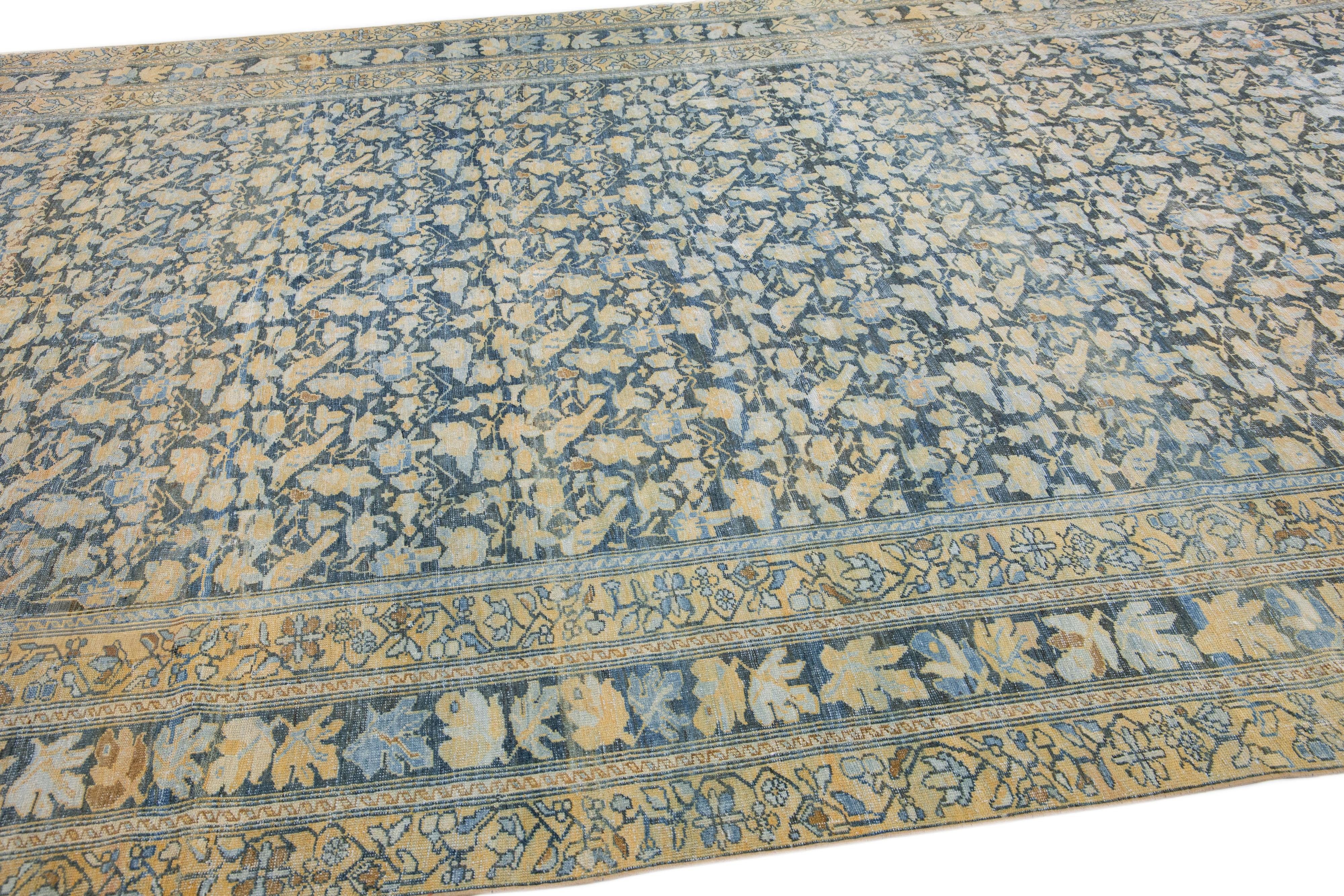 20th Century Antique Sarouk Farahan Persian Blue Handmade Floral Motif  Wool Rug For Sale