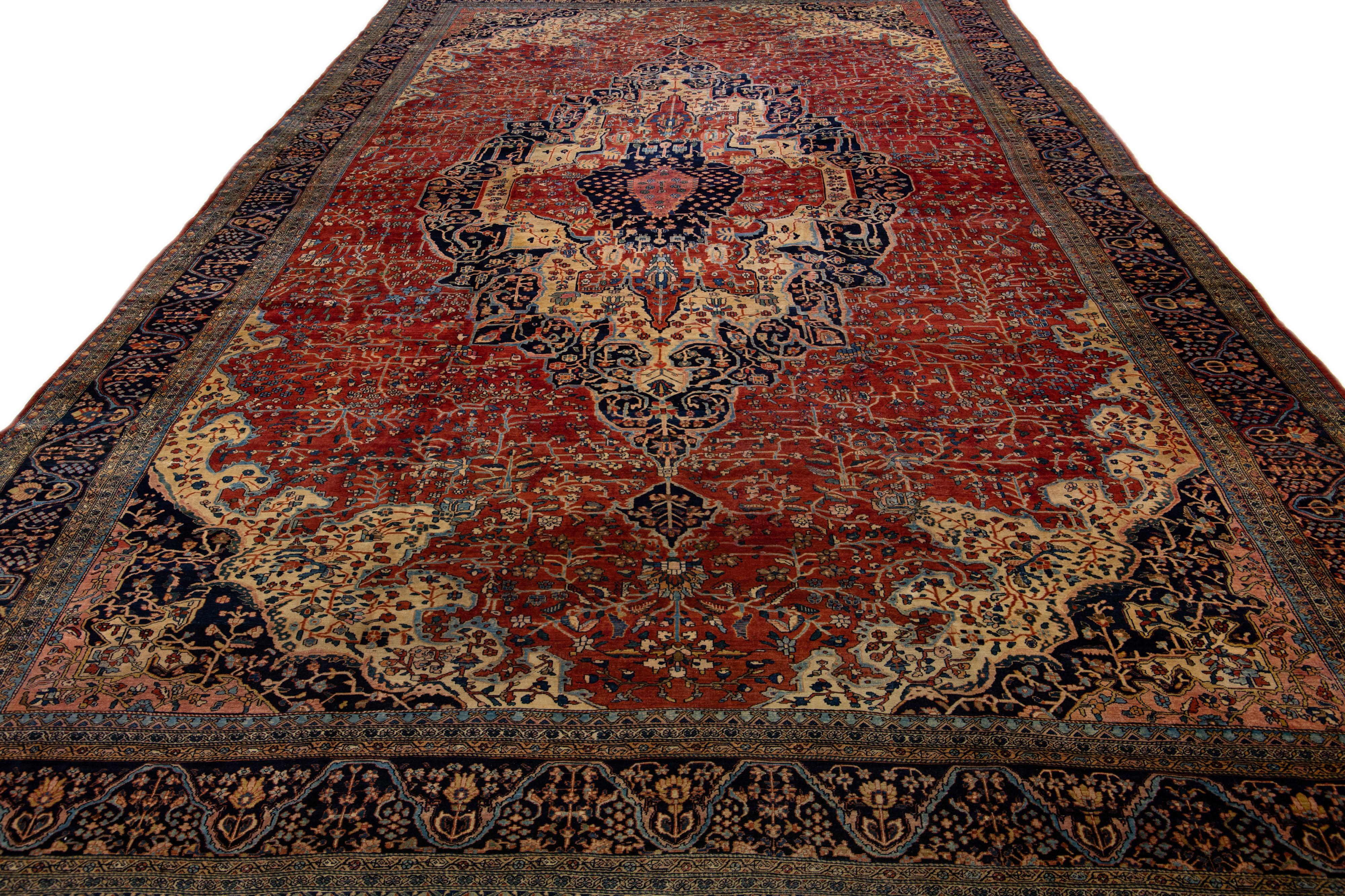 Hand-Knotted Antique Sarouk Farahan Persian Red Handmade Medallion Motif Oversize Wool Rug For Sale