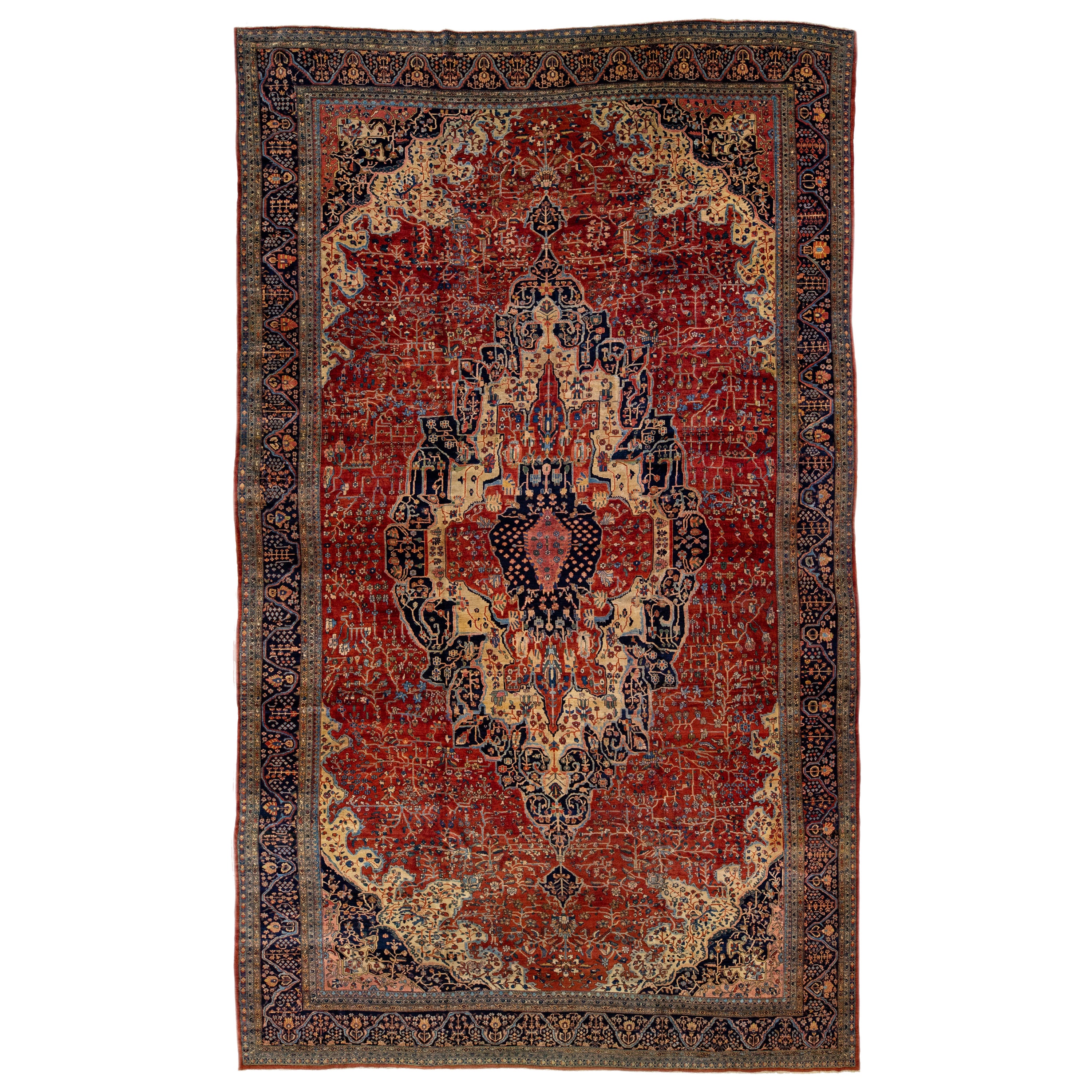 Antique Sarouk Farahan Persian Red Handmade Medallion Motif Oversize Wool Rug