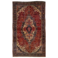 Antique Sarouk Farahan Persian Red Handmade Medallion Motif Oversize Wool Rug