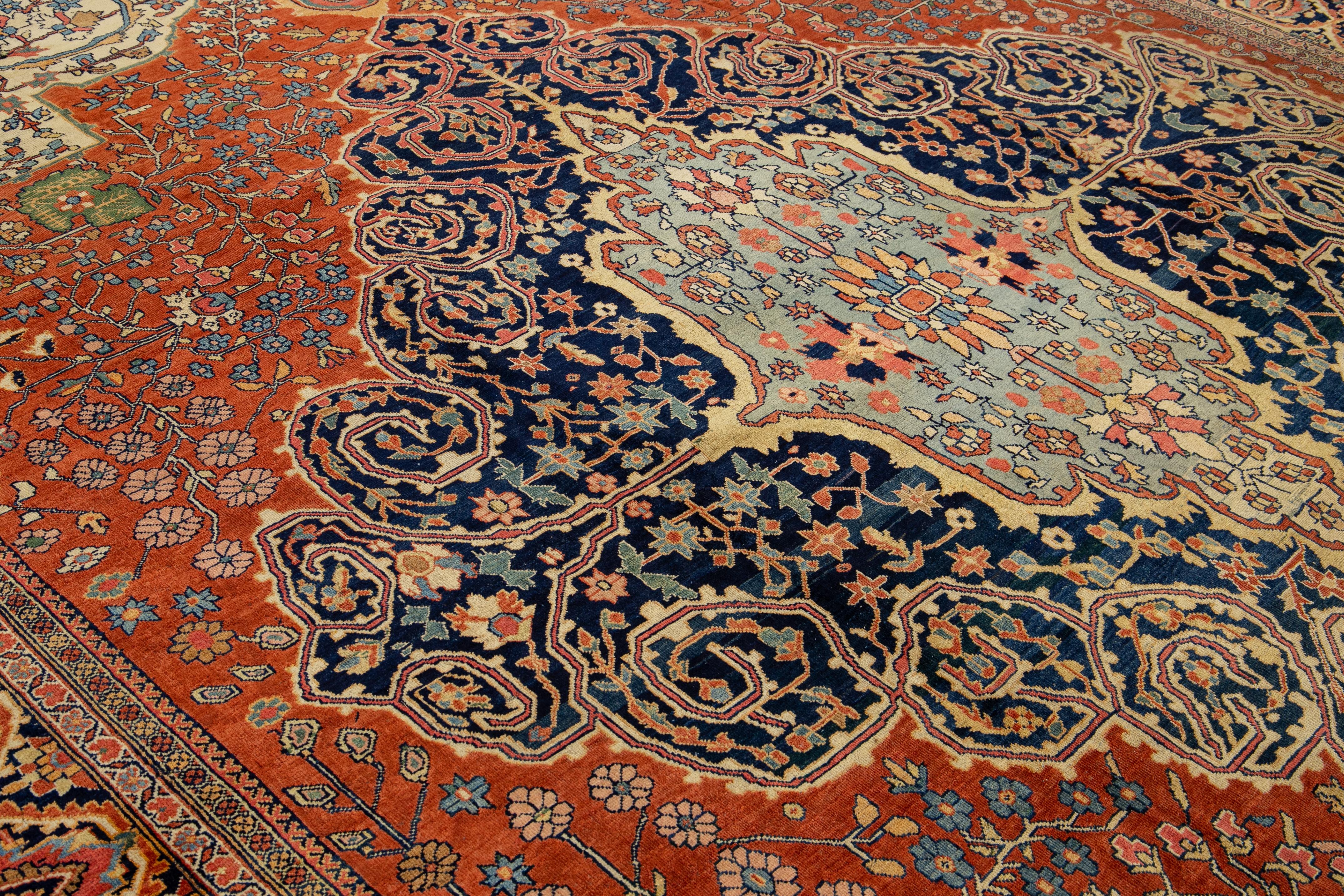 Rust Antique Sarouk Farahan Handmade Medallion Motif Persian Wool Rug For Sale 6