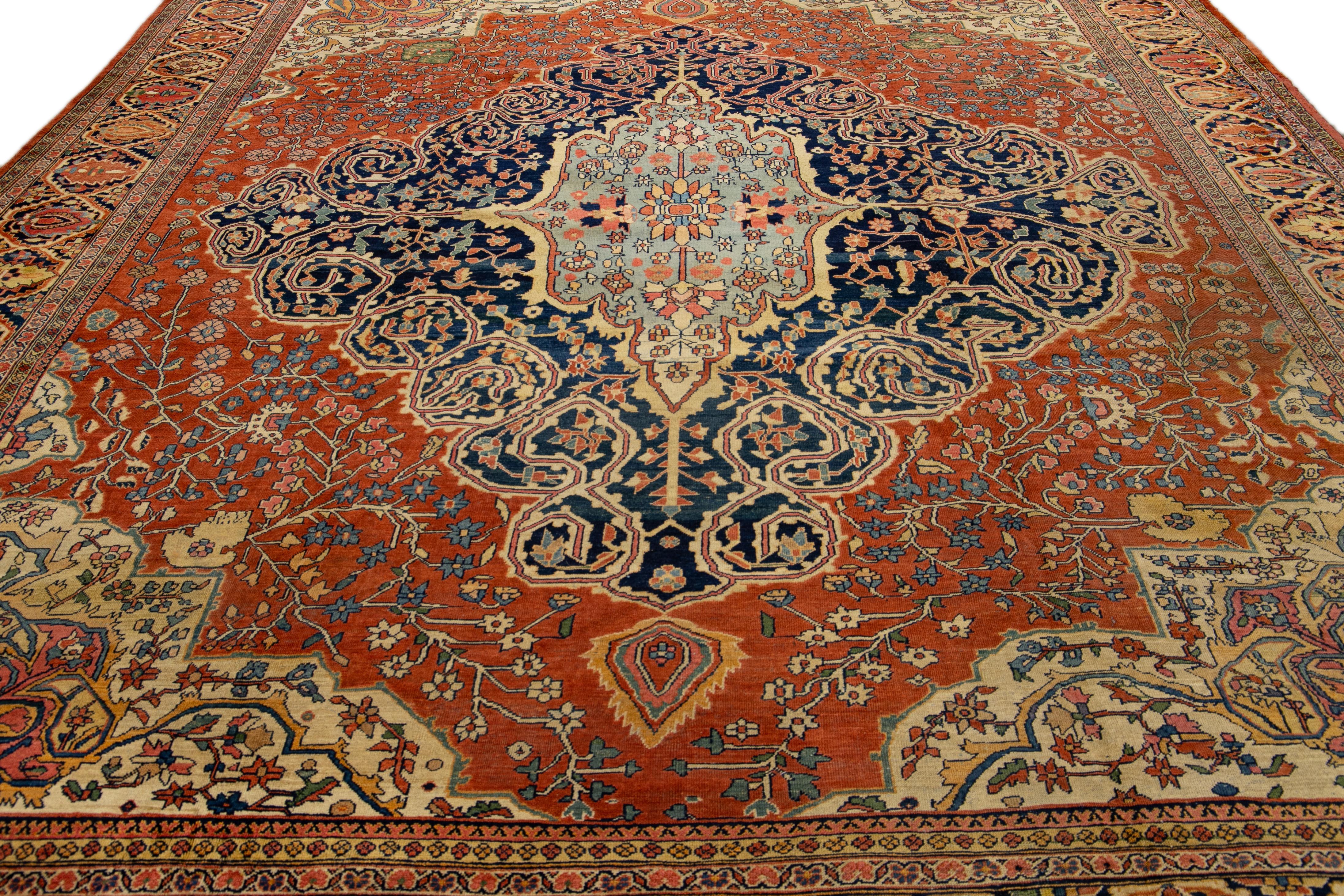 Hand-Knotted Rust Antique Sarouk Farahan Handmade Medallion Motif Persian Wool Rug For Sale