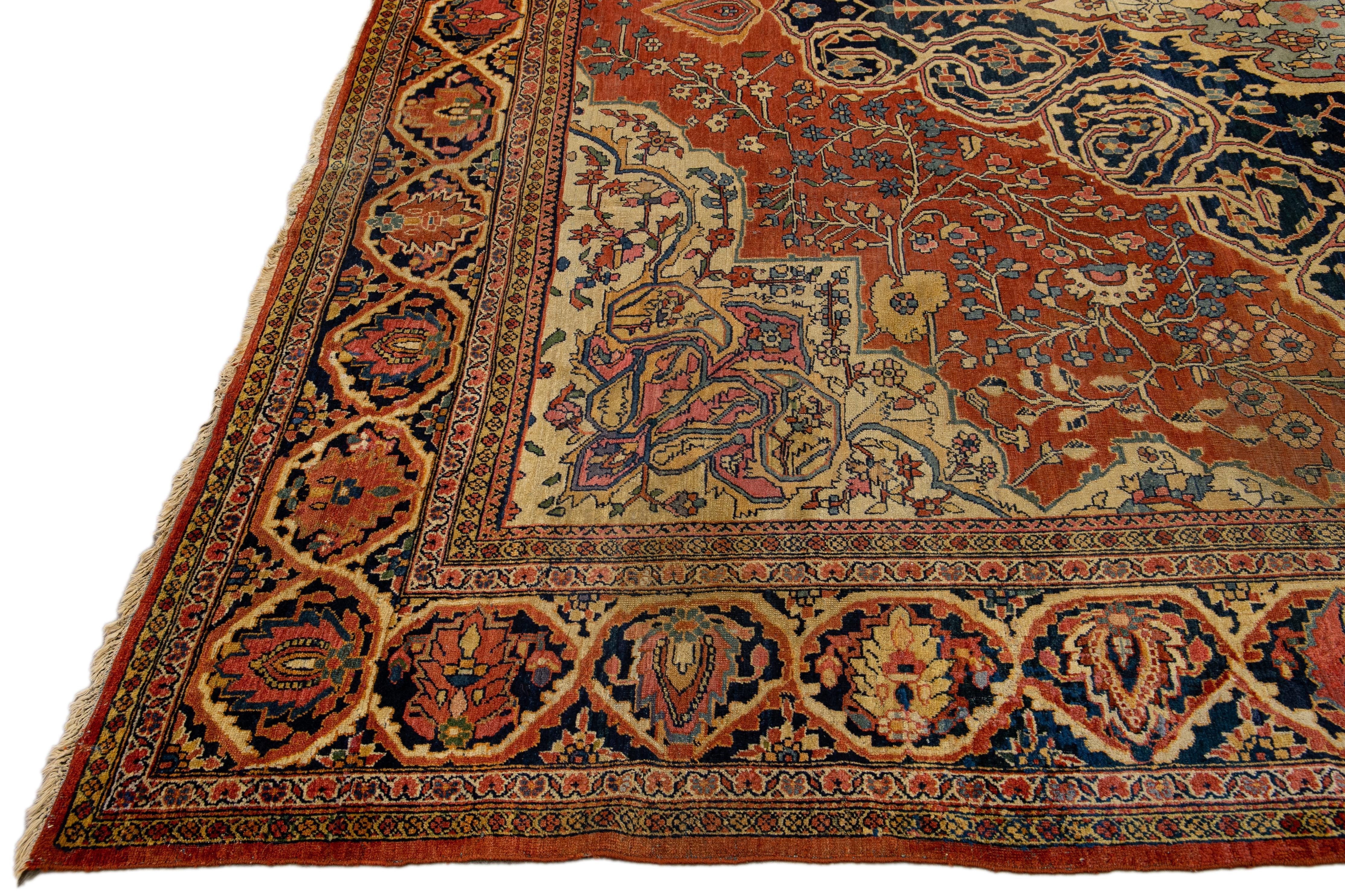 Rust Antique Sarouk Farahan Handmade Medallion Motif Persian Wool Rug In Excellent Condition For Sale In Norwalk, CT