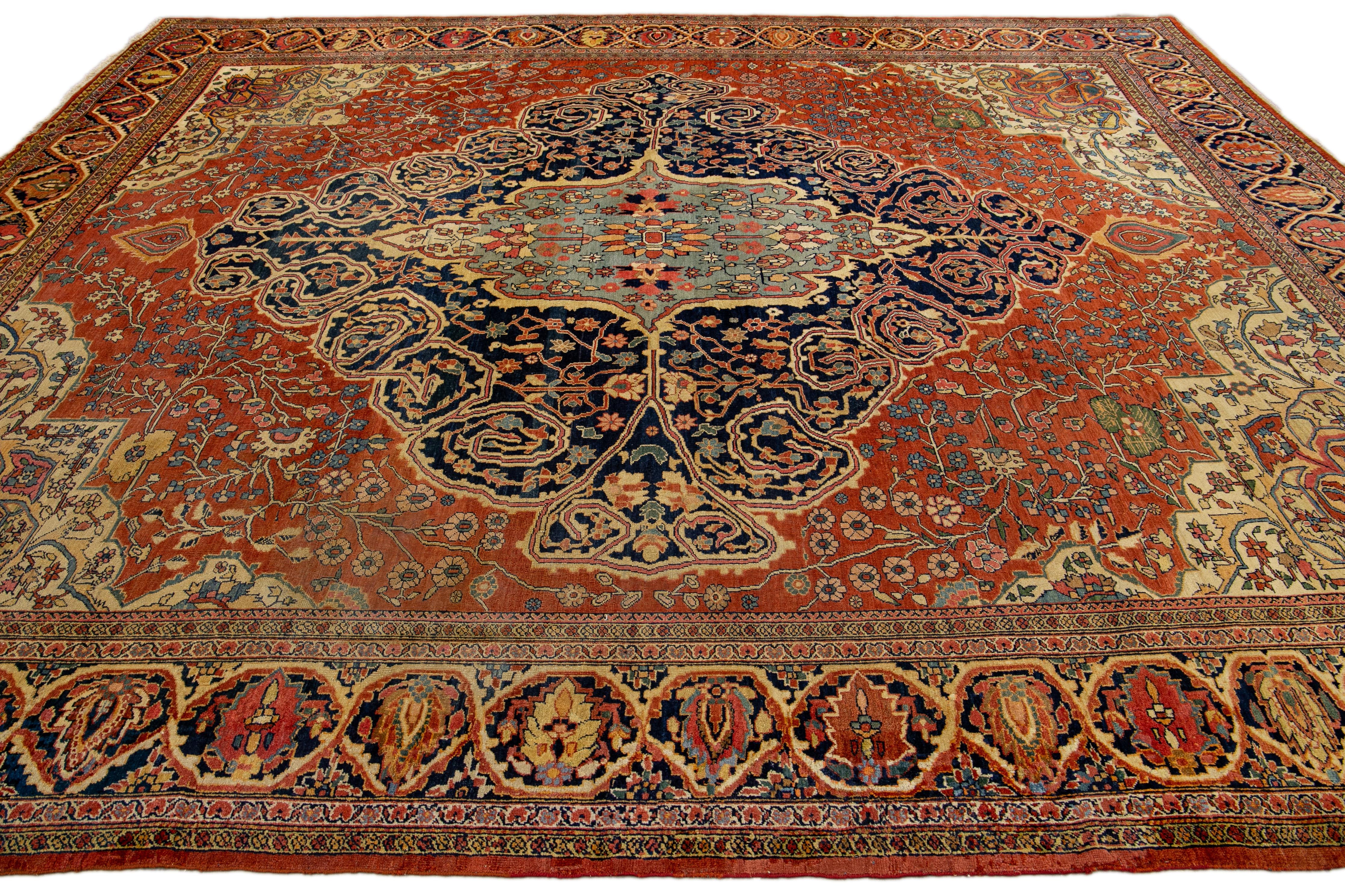 Late 19th Century Rust Antique Sarouk Farahan Handmade Medallion Motif Persian Wool Rug For Sale