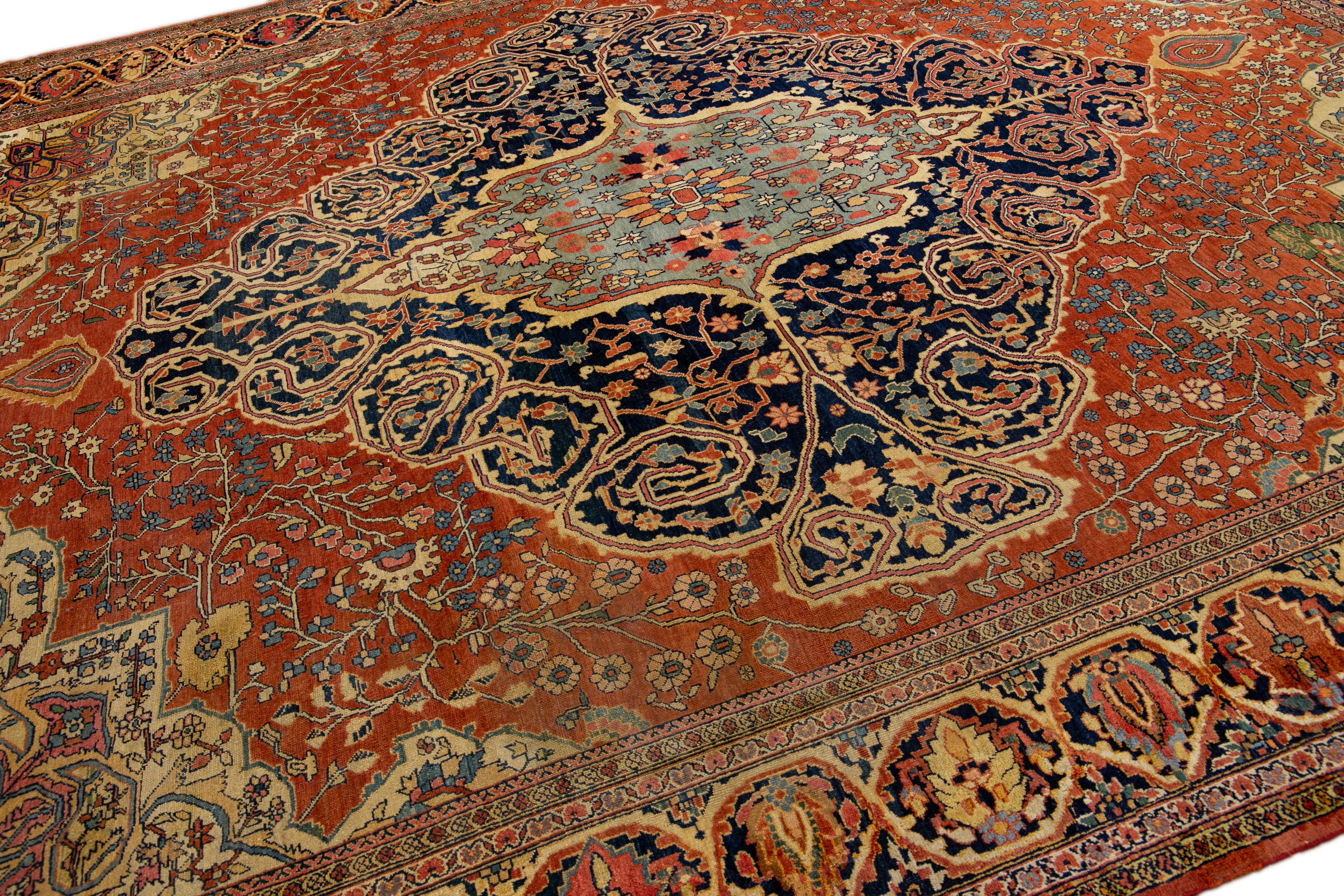 Rust Antique Sarouk Farahan Handmade Medallion Motif Persian Wool Rug For Sale 4