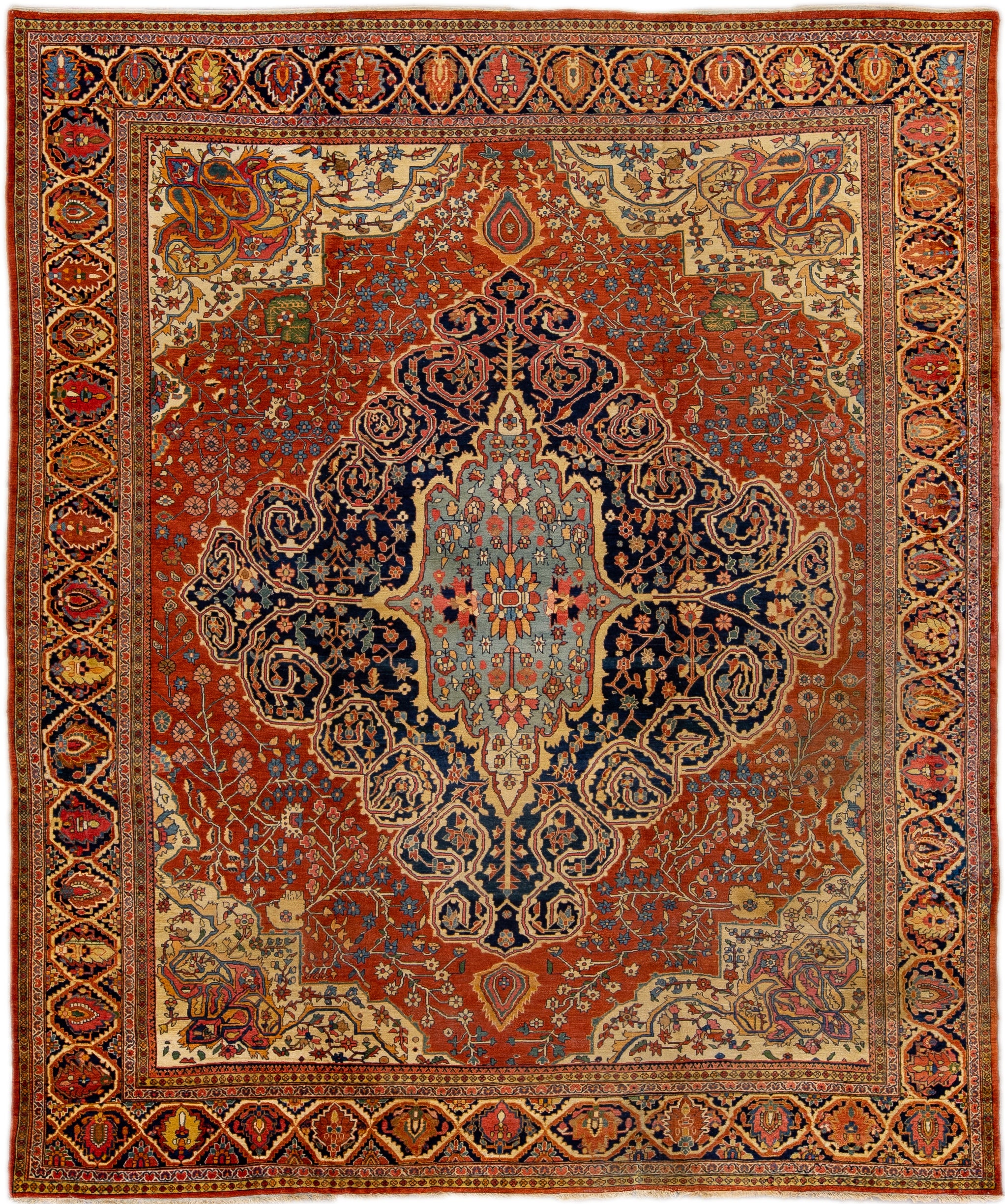 Rust Antique Sarouk Farahan Handmade Medallion Motif Persian Wool Rug