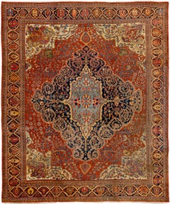 Rust Antique Sarouk Farahan Handmade Medallion Motif Persian Wool Rug