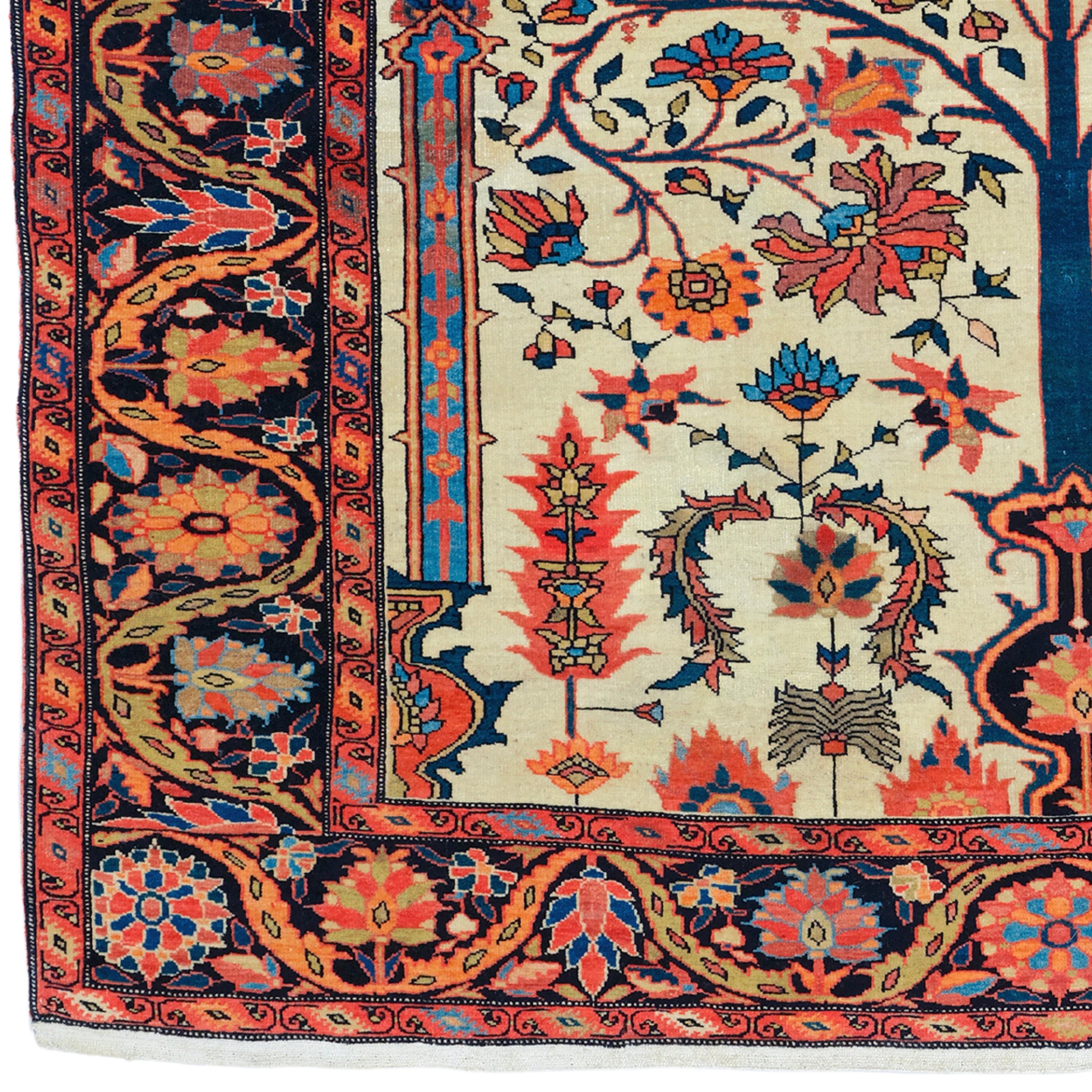 Late 19th Century Persian Sarouk Rug

Pile-woven in a format untypical of export pieces, indicating a Persian client, this white-ground Farahan belongs to the garden type. A longing for flowering gardens, viewed as images of paradise on earth, is
