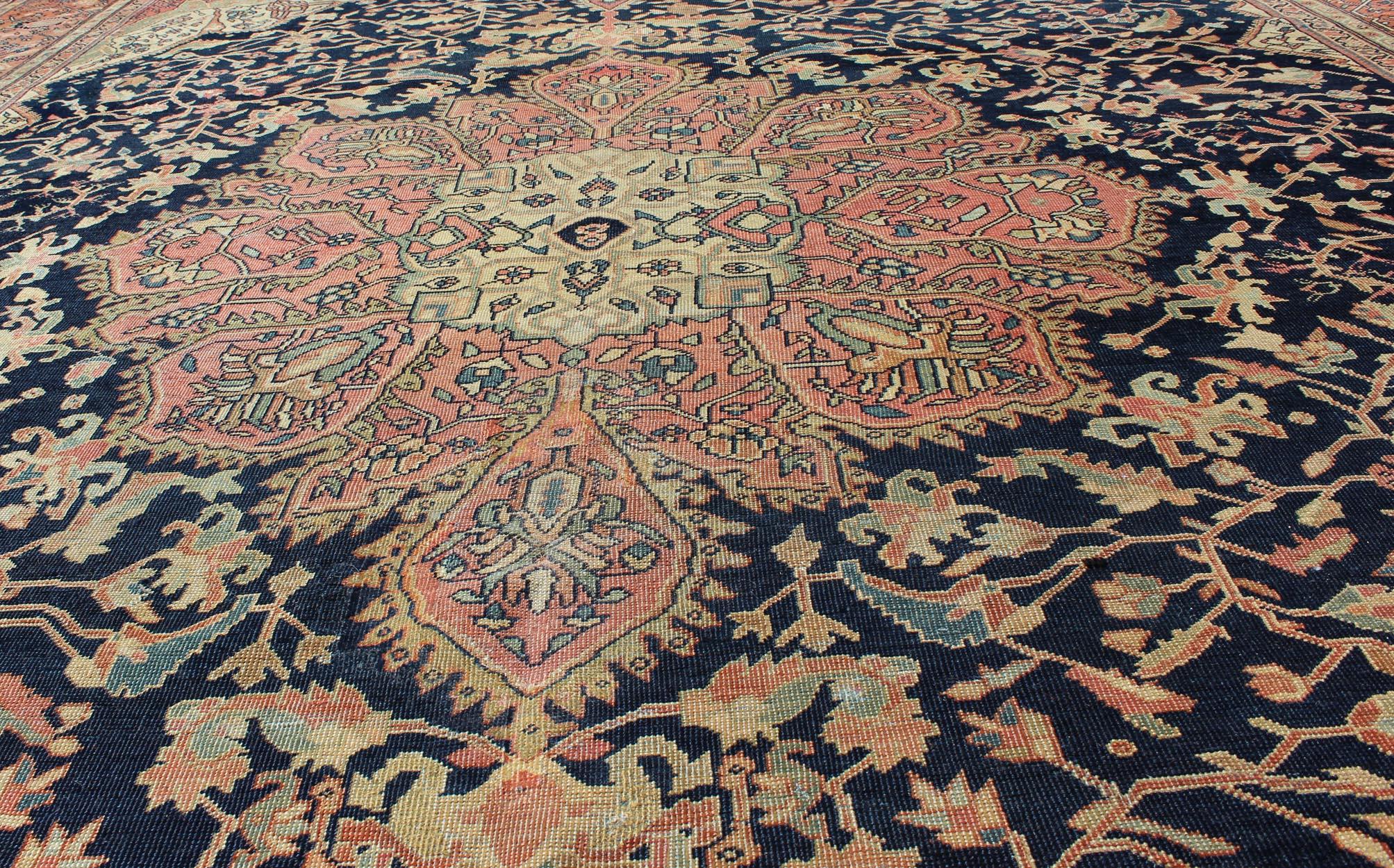Antique Sarouk Farahan with Floral Motifs in Salmon, Green, Beige and Navy Blue For Sale 2