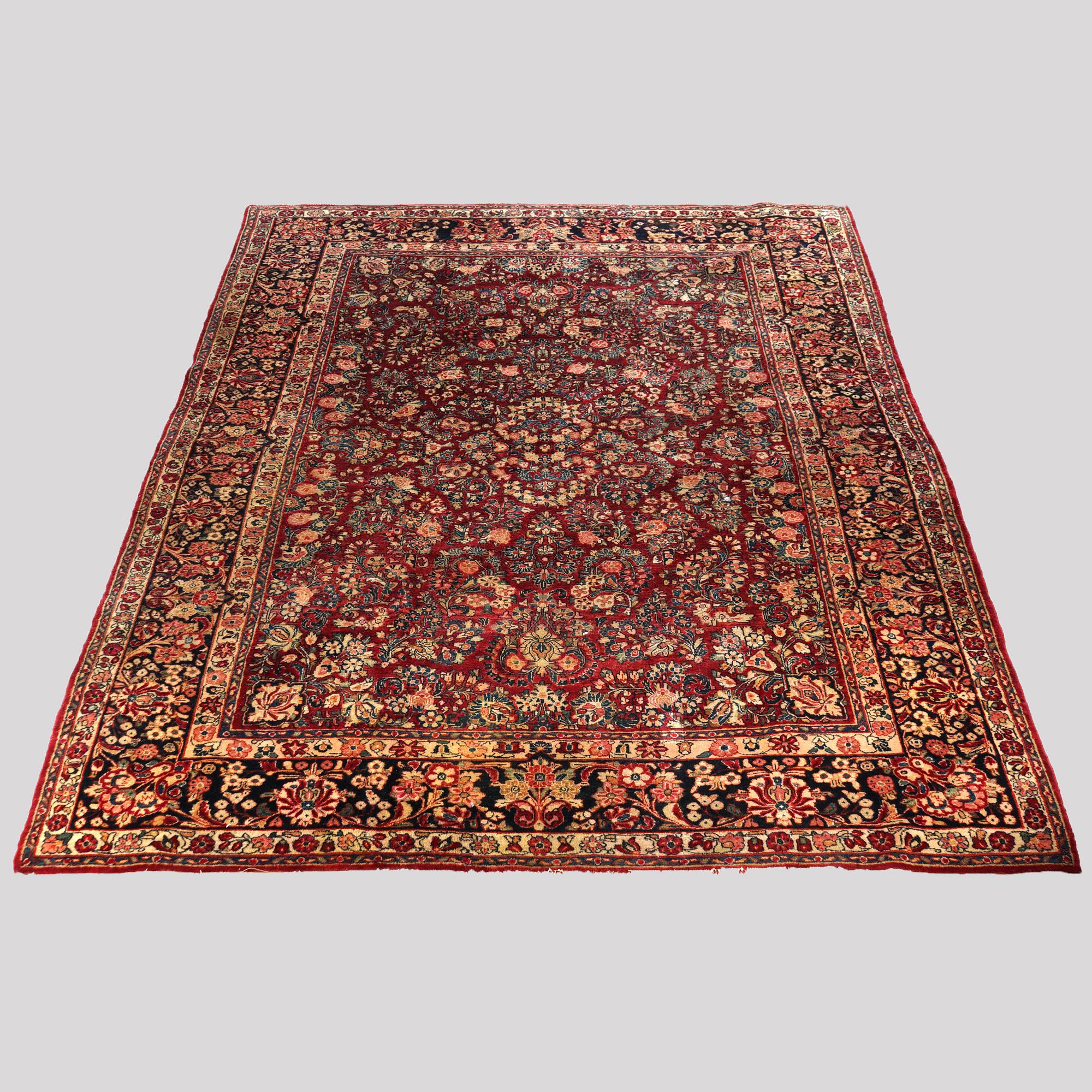 Asian Antique Sarouk Oriental Wool Carpet  9’ X 12’ C1930 For Sale
