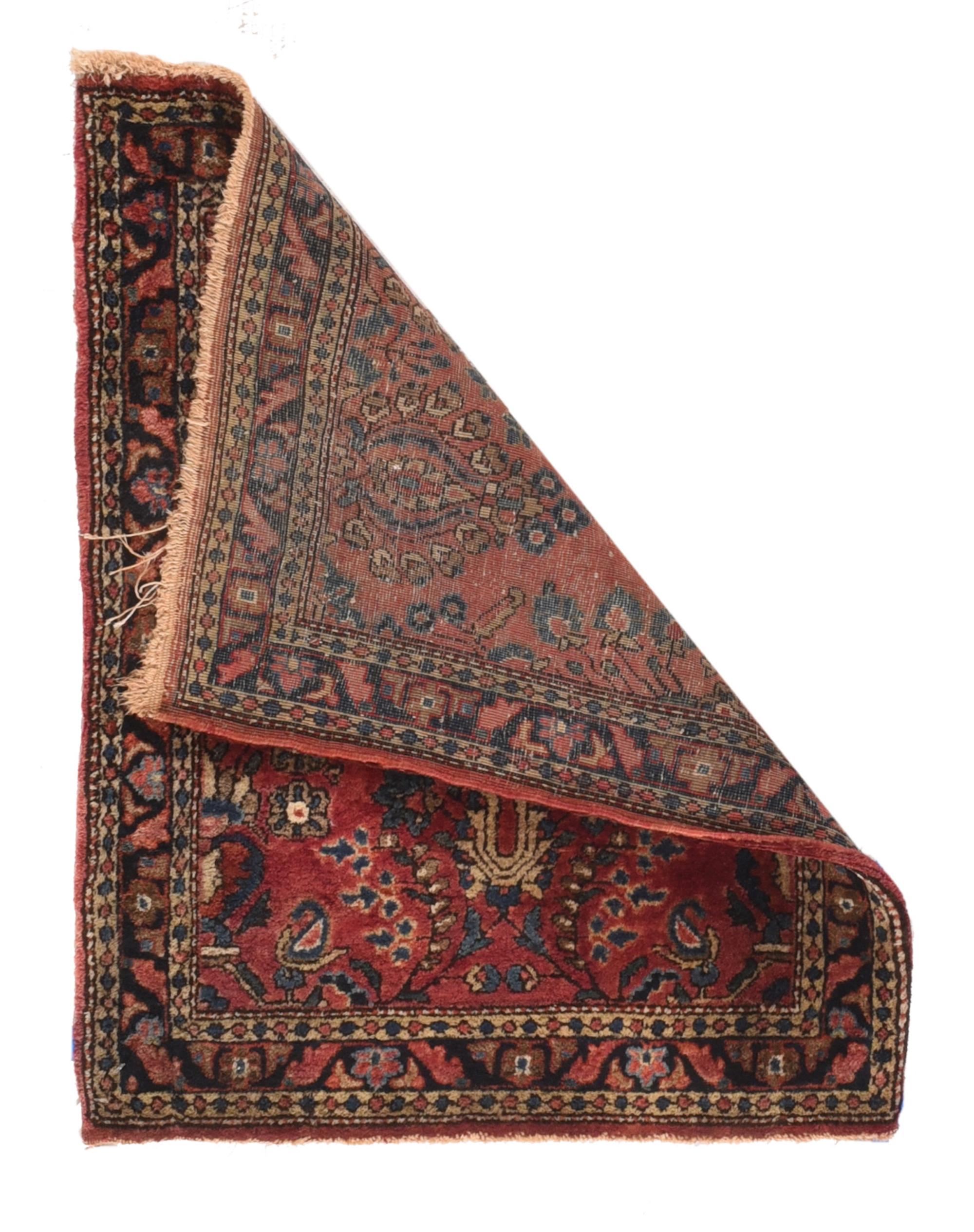 Antique Sarouk rug 1.11'' x 2.5''. The slightly variegated mulberry red field displays the characteristic 