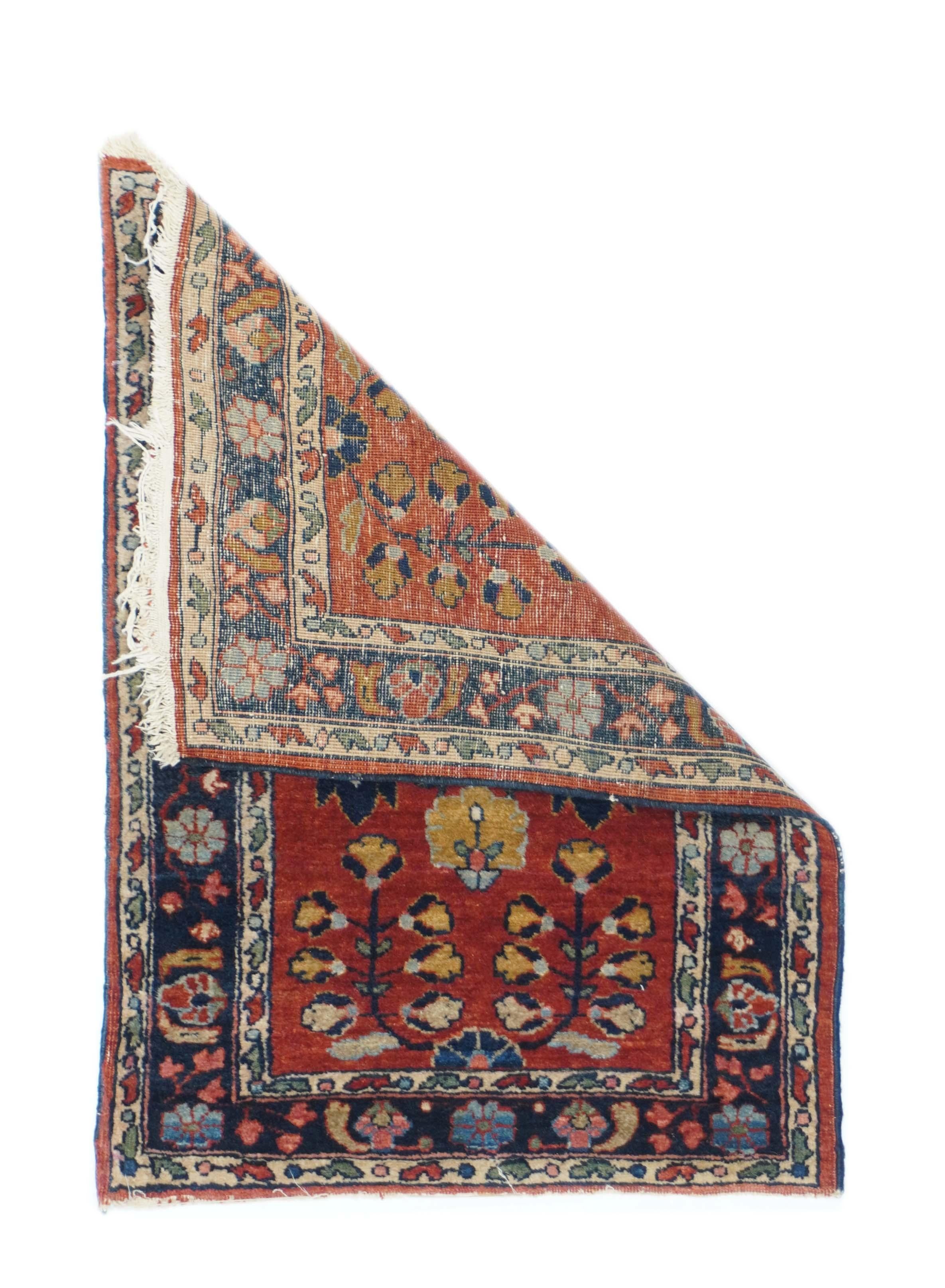 Antique Sarouk Rug 1'8'' x 2'6''. A central petal rosette develops palmettes while four tall complete upright stems grow bellflowers, all on the scarlet ground. Navy border with rosettes and little sickle leaves. Nice green and abrashed light blue.