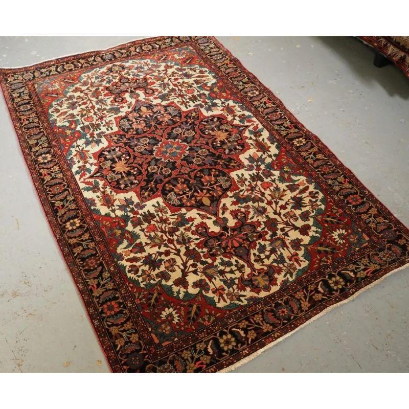 Antique Persian Sarouk rug of classic medallion design, with floral sprays on an ivory ground.

This is a classic example of a Sarouk rug, well drawn with good colour. The deep indigo blue medallion stands out well on the ivory ground. The field is