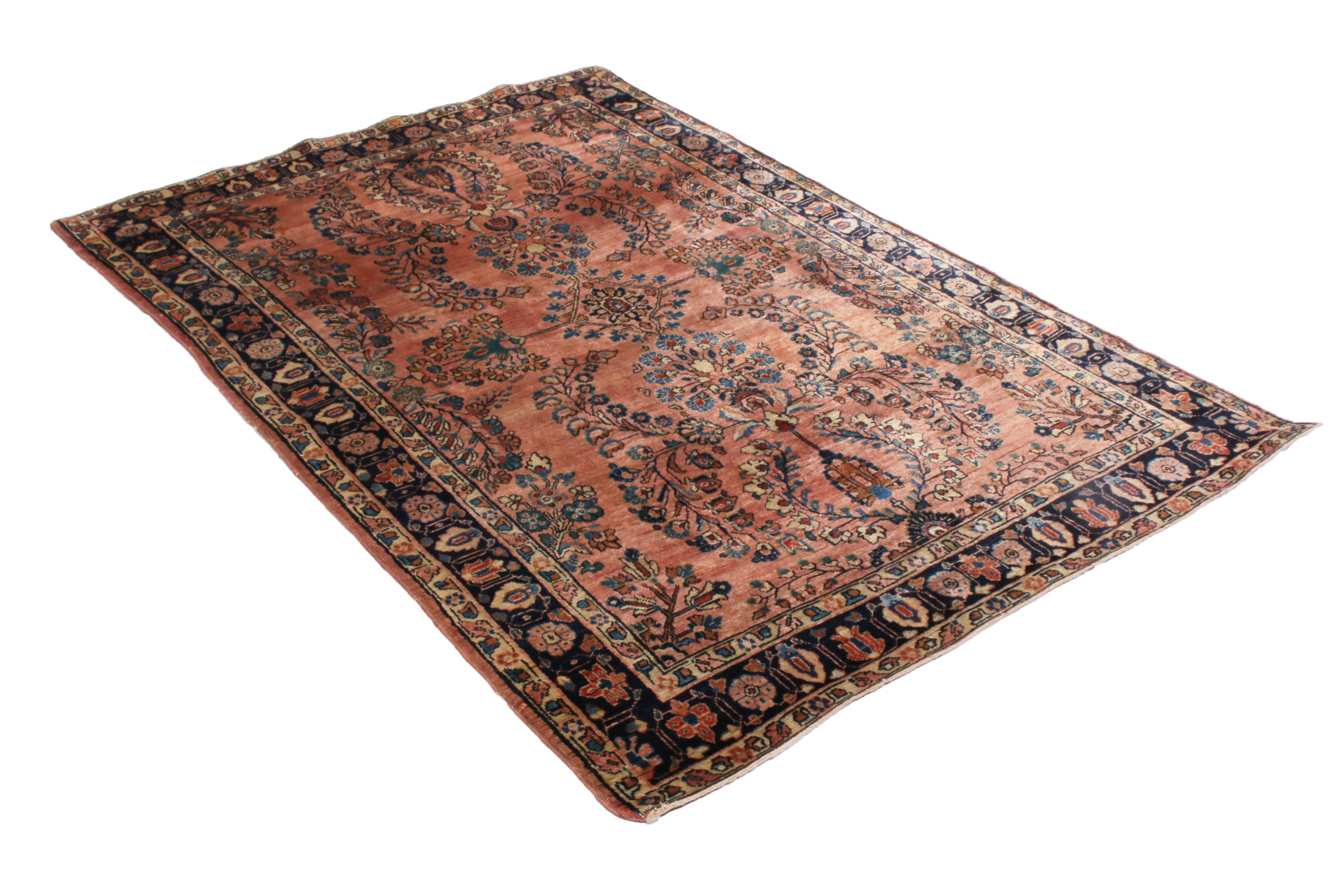 Hand-Knotted Antique Sarouk Salmon and Blue Wool Persian Rug