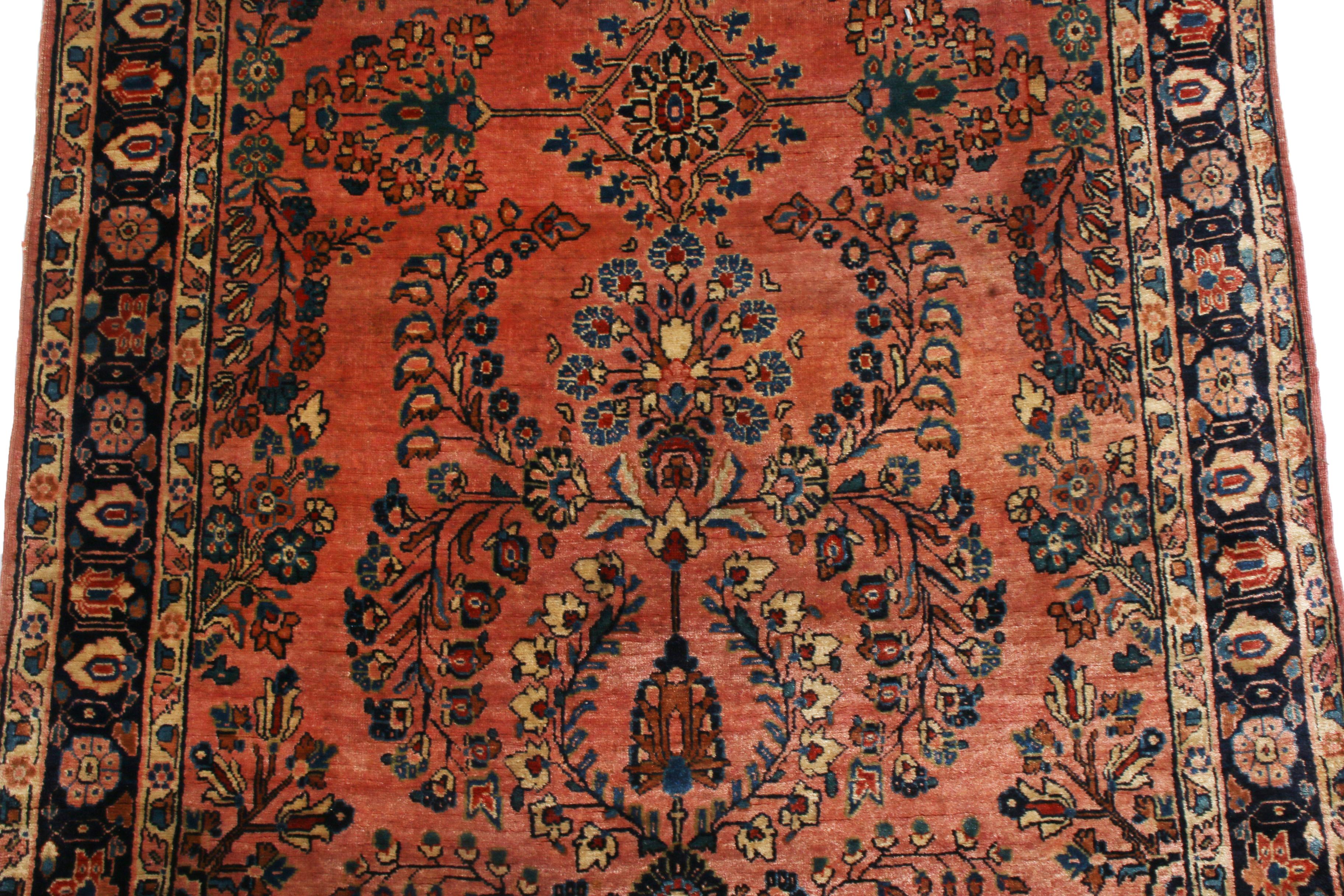 Antique Sarouk Salmon and Blue Wool Persian Rug by Rug & Kilim In Good Condition For Sale In Long Island City, NY