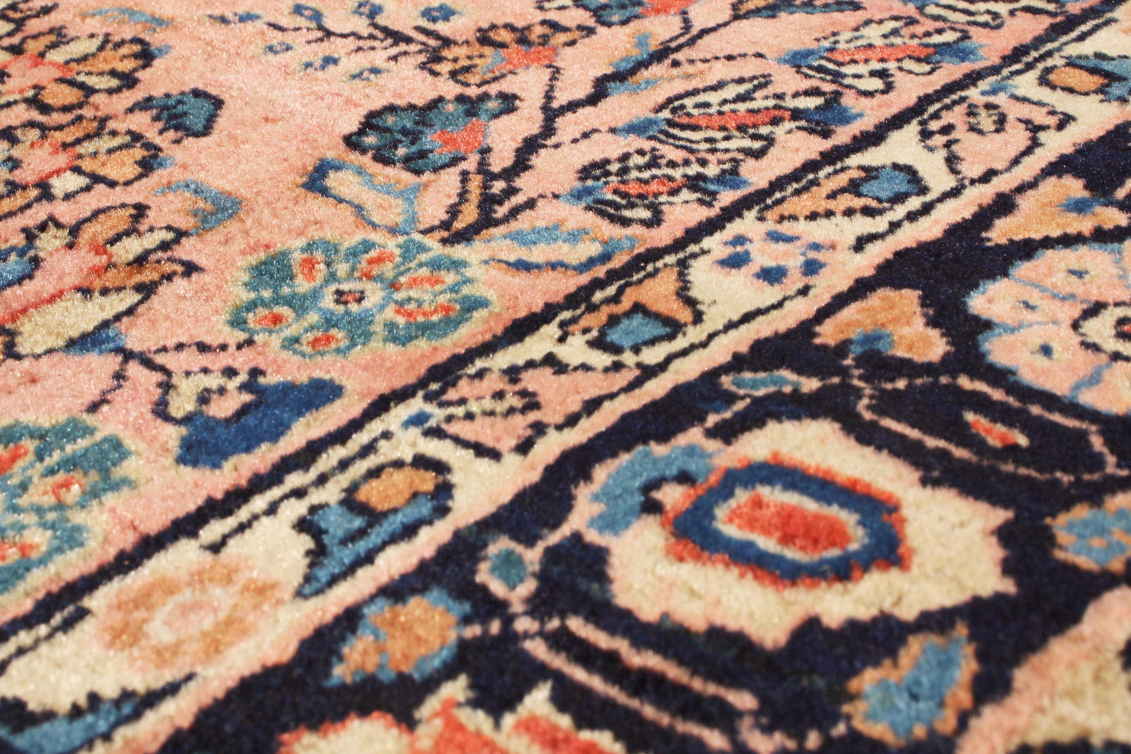 Late 19th Century Antique Sarouk Salmon and Blue Wool Persian Rug