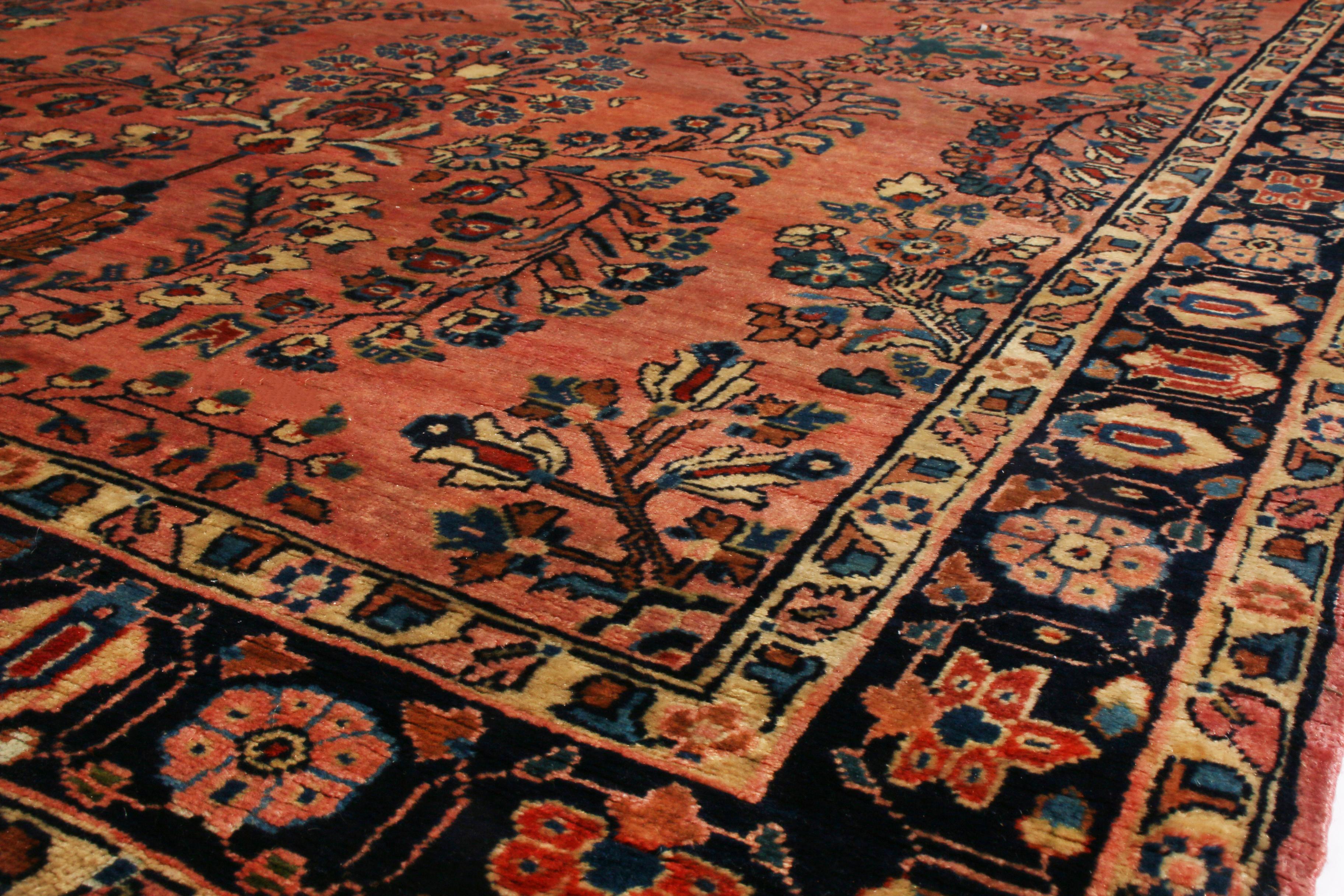 Antique Sarouk Salmon and Blue Wool Persian Rug by Rug & Kilim In Good Condition For Sale In Long Island City, NY
