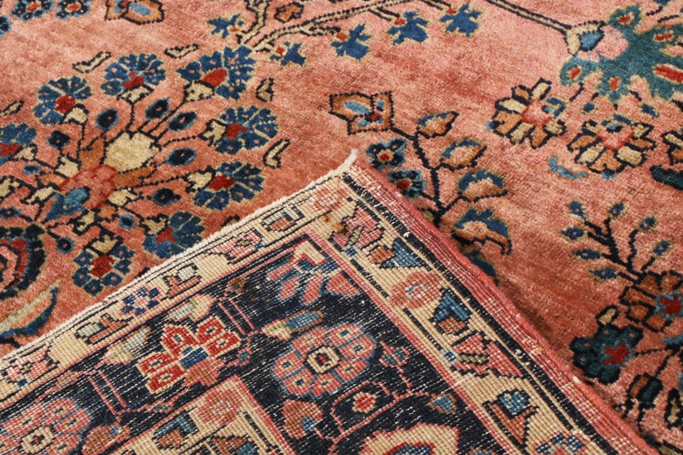 Antique Sarouk Salmon and Blue Wool Persian Rug For Sale at 1stDibs