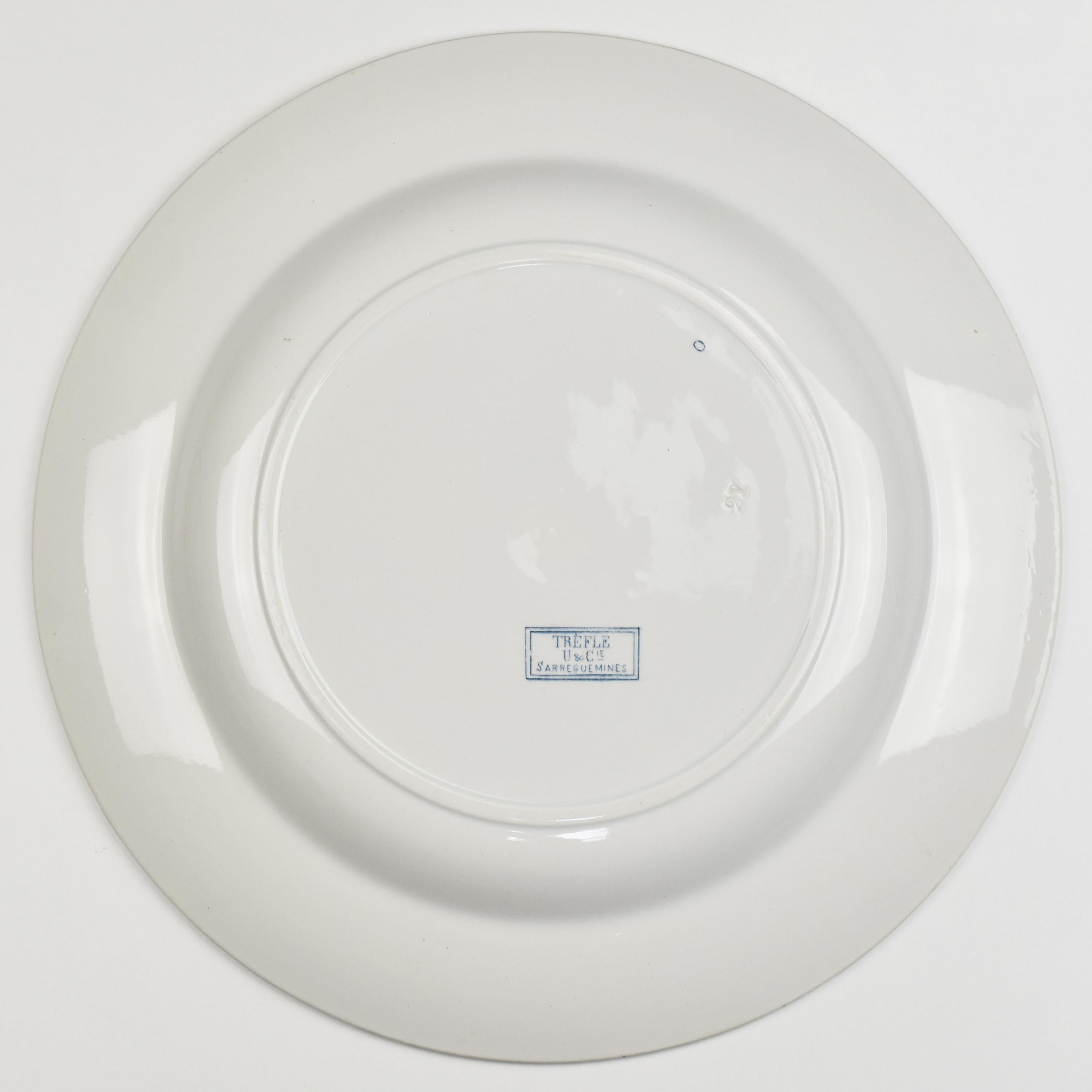 Art Nouveau Antique Sarreguemines Ceramic TREFLE Big Round Deep Serving Platter Dish Plate For Sale