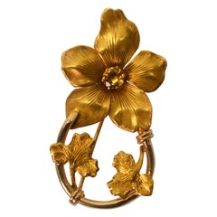 Antique Satin Yellow Gold Citrine Floral Pin Brooch