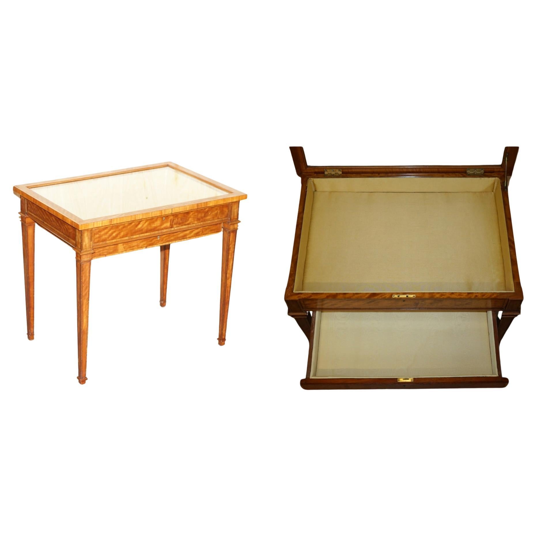 ANTIQUE SATiNWOOD BIJOUTERIE GLASS DISPLAY CASE SIDE END TABLE FOR TRINKETS ETC.