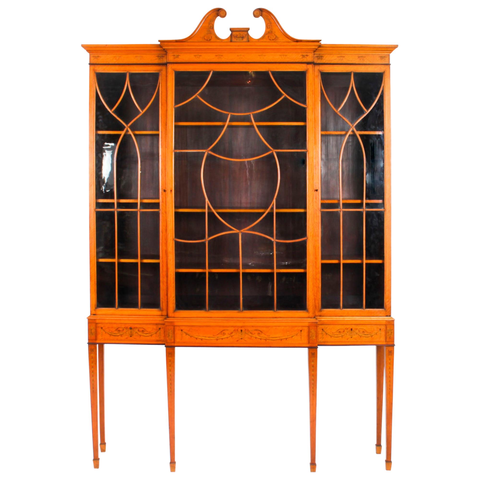Antique Satinwood Breakfront Bookcase Display Cabinet Edwards & Roberts 19th C For Sale
