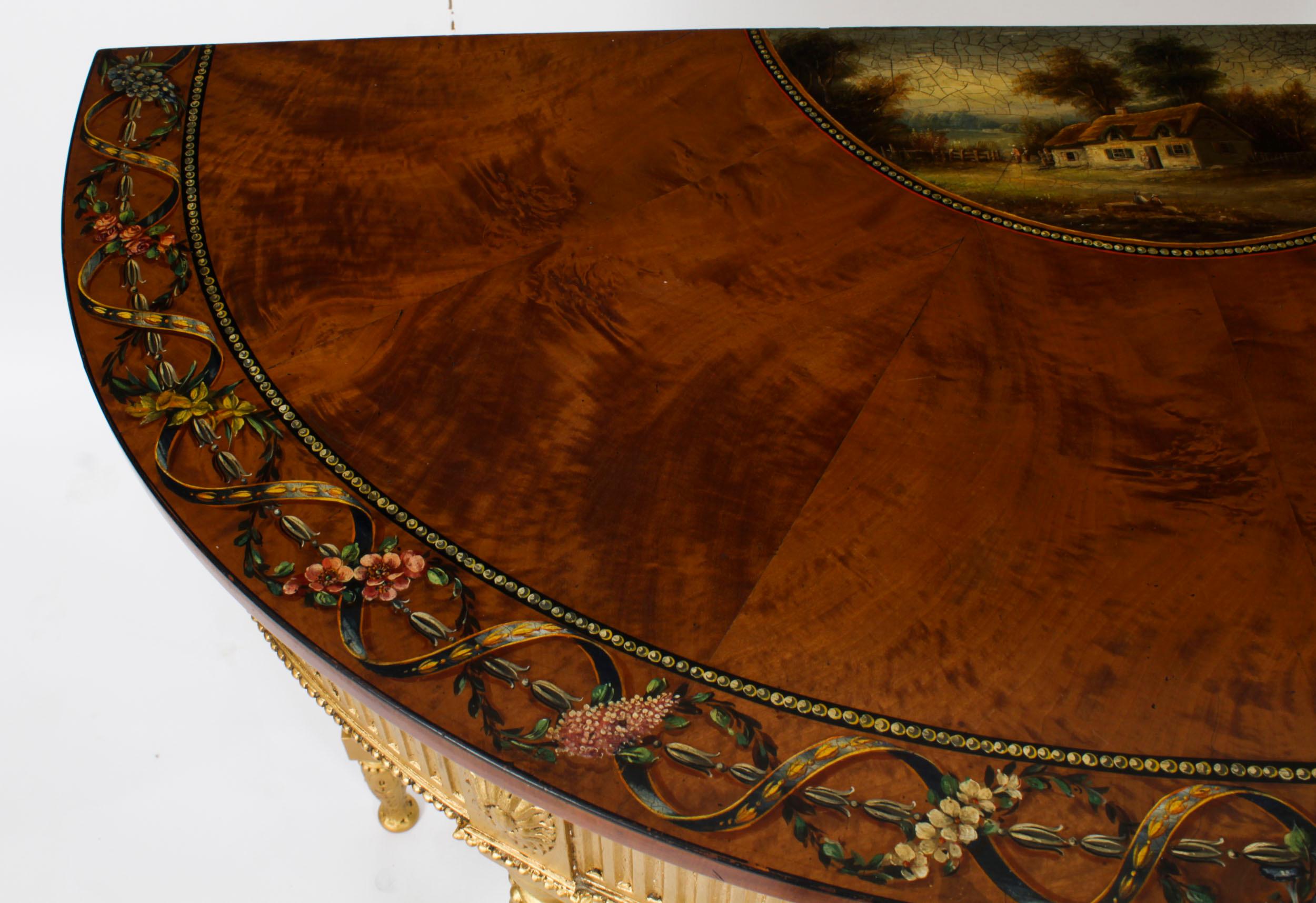 Peint à la main Ancienne table console Demi-Lune en bois de satin peinte à la main 19ème siècle en vente