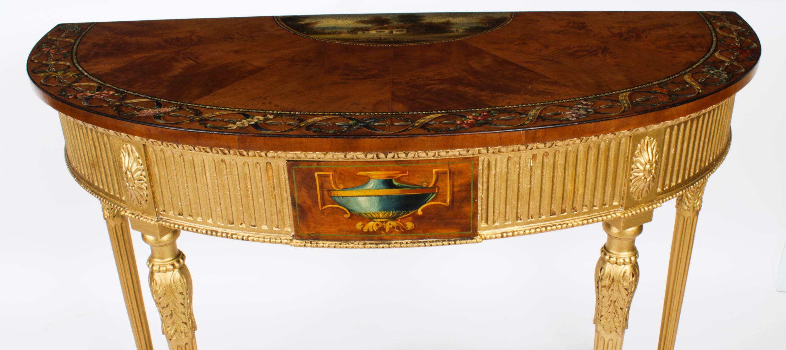 Citronnier Ancienne table console Demi-Lune en bois de satin peinte à la main 19ème siècle en vente