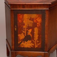 Antique Satinwood Inlaid Flame Mahogany Cellarette, Rain Forest Scene, c1920