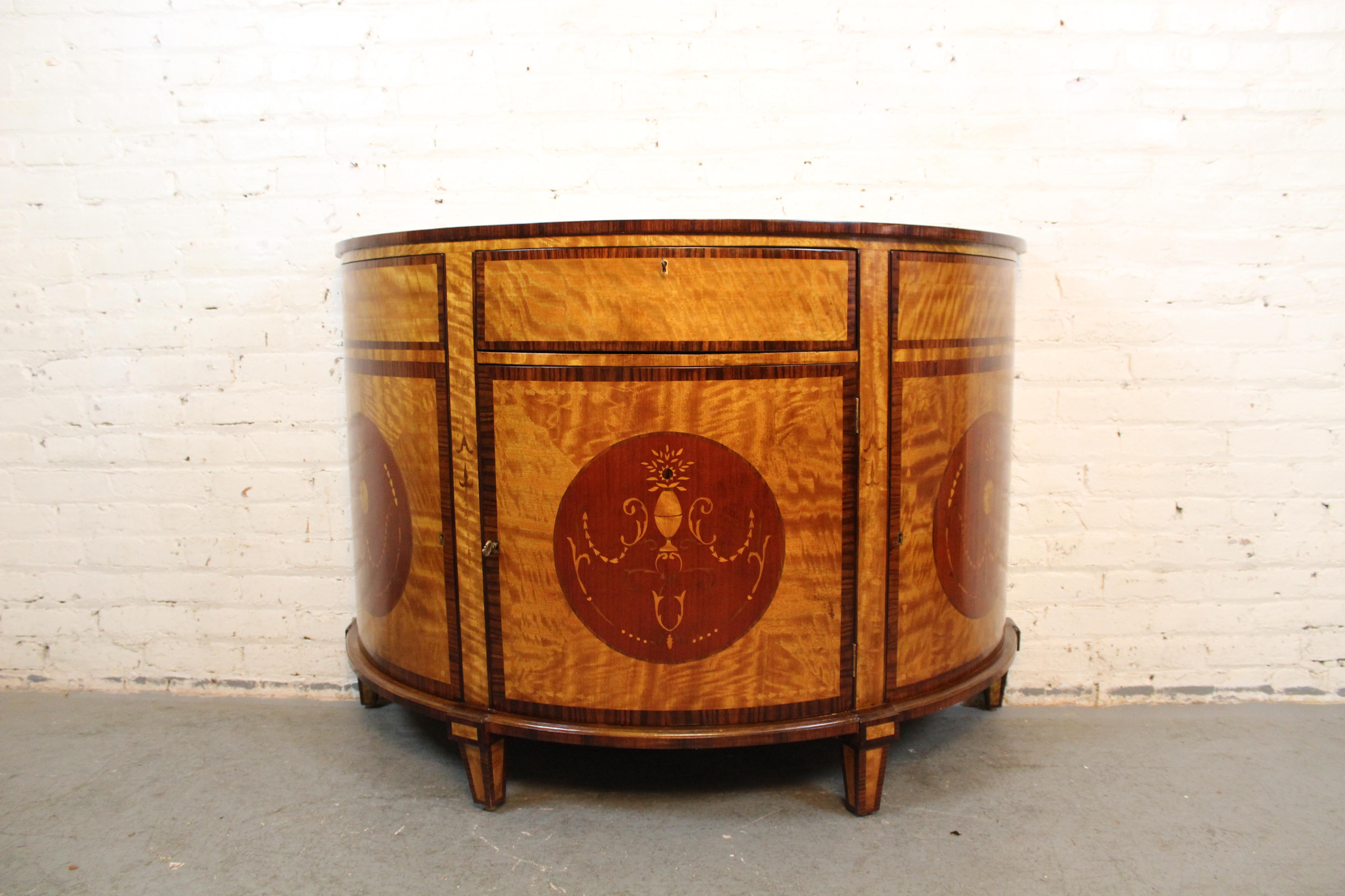 Carved Antique Satinwood Marquetry Demilune Commode For Sale