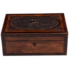 Antique Satinwood Paper Scroll Silk Paper Lined Sewing Box 19th Century