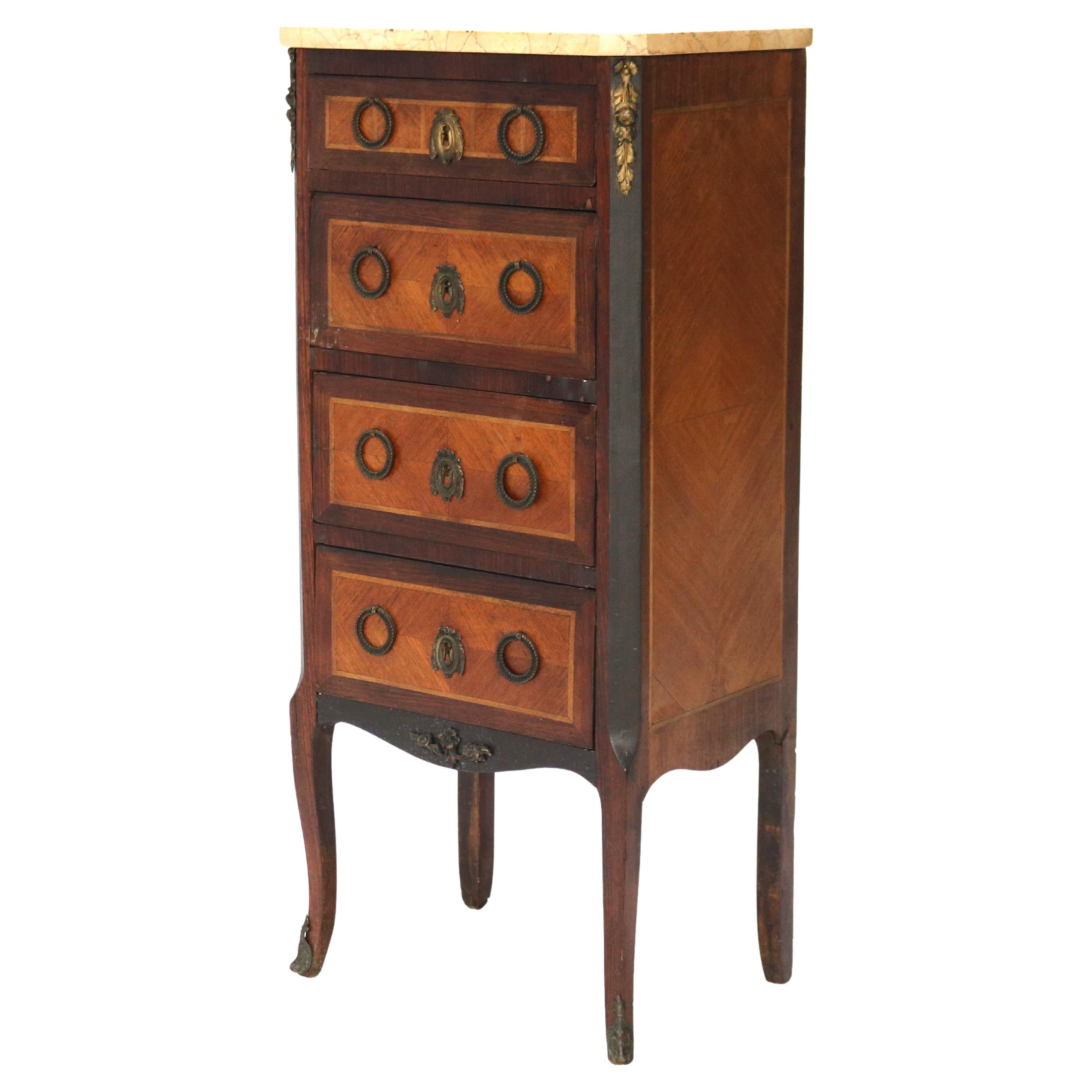 Antique Satinwood, Rosewood & Ormolu Marble Top Lingerie Chest C1900 For Sale