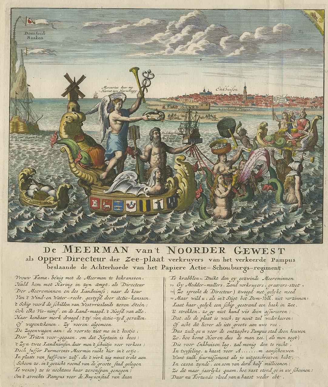 Antiker satirischer Druck mit Meeresjungfrauen über den Hafen von Enkhuizen, um 1720 im Zustand „Gut“ im Angebot in Langweer, NL