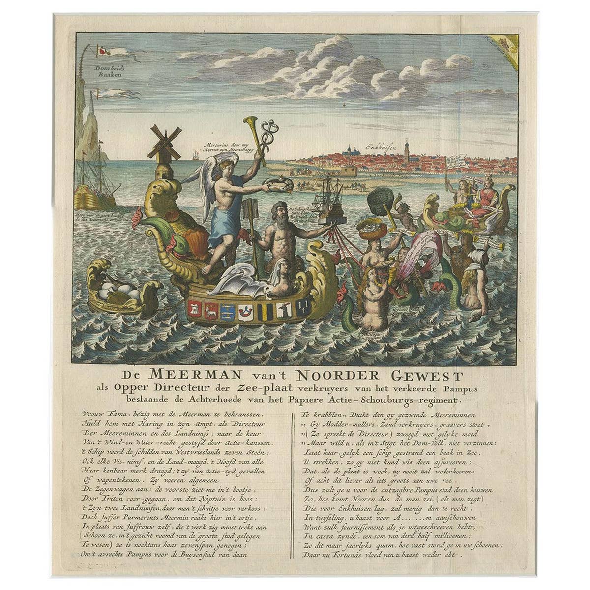 Antique Satirical Print showing Mermaids about the Port of Enkhuizen, circa 1720
