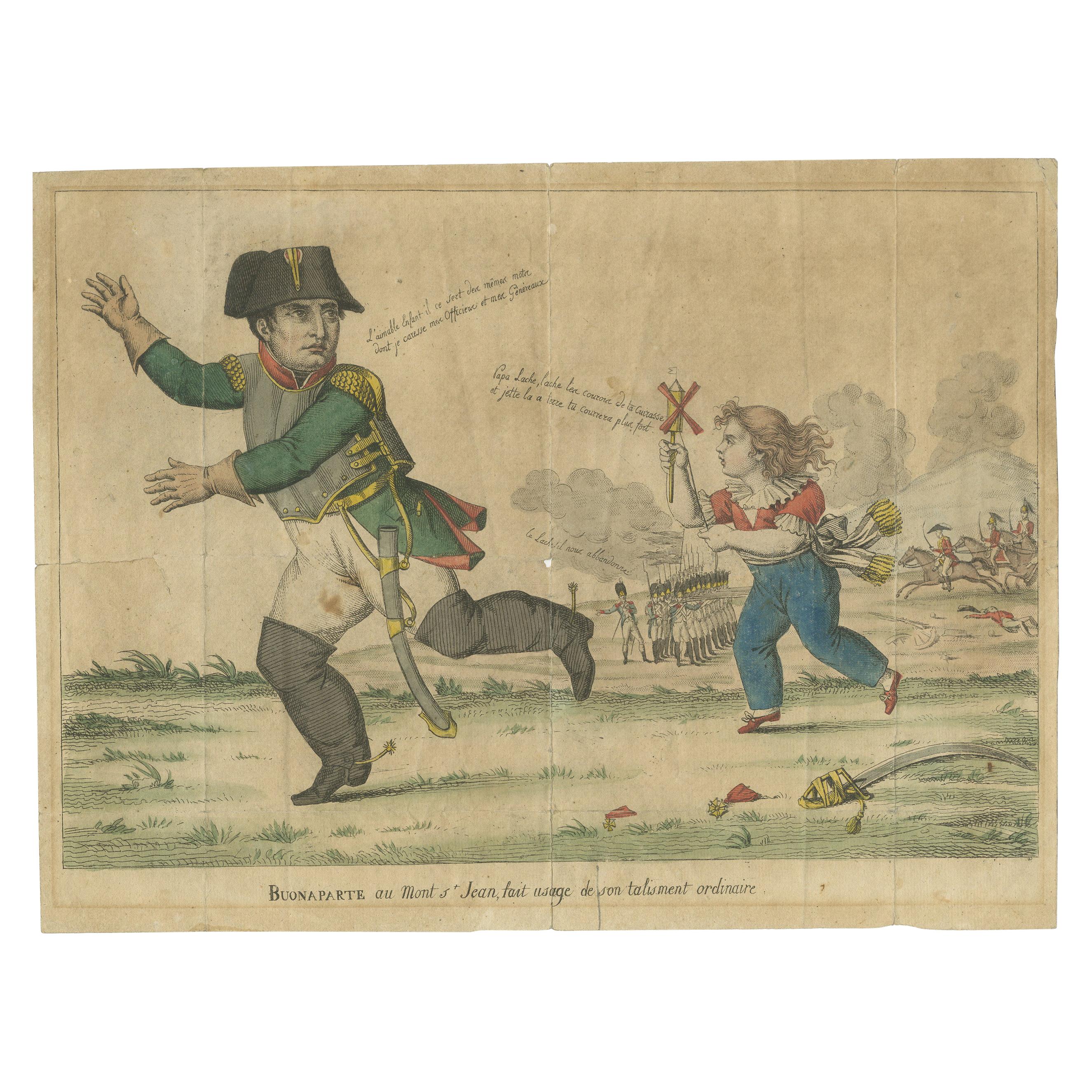 Grabado satírico antiguo de Napoleón huyendo del campo de batalla '1815