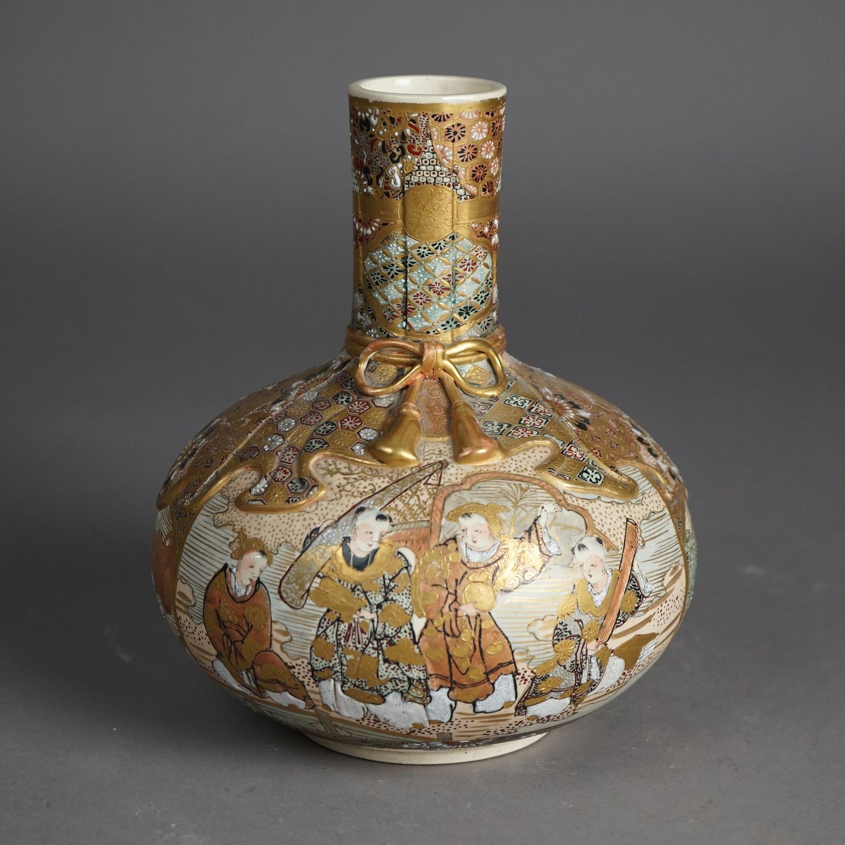 Asian Antique Satsuma Meiji Porcelain Bottle Vase Hand Painted & Gilt Figures c1910 For Sale