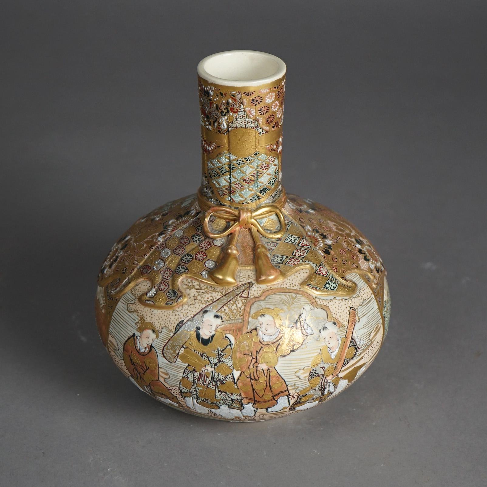 Antique Satsuma Meiji Porcelain Bottle Vase Hand Painted & Gilt Figures c1910 In Good Condition For Sale In Big Flats, NY