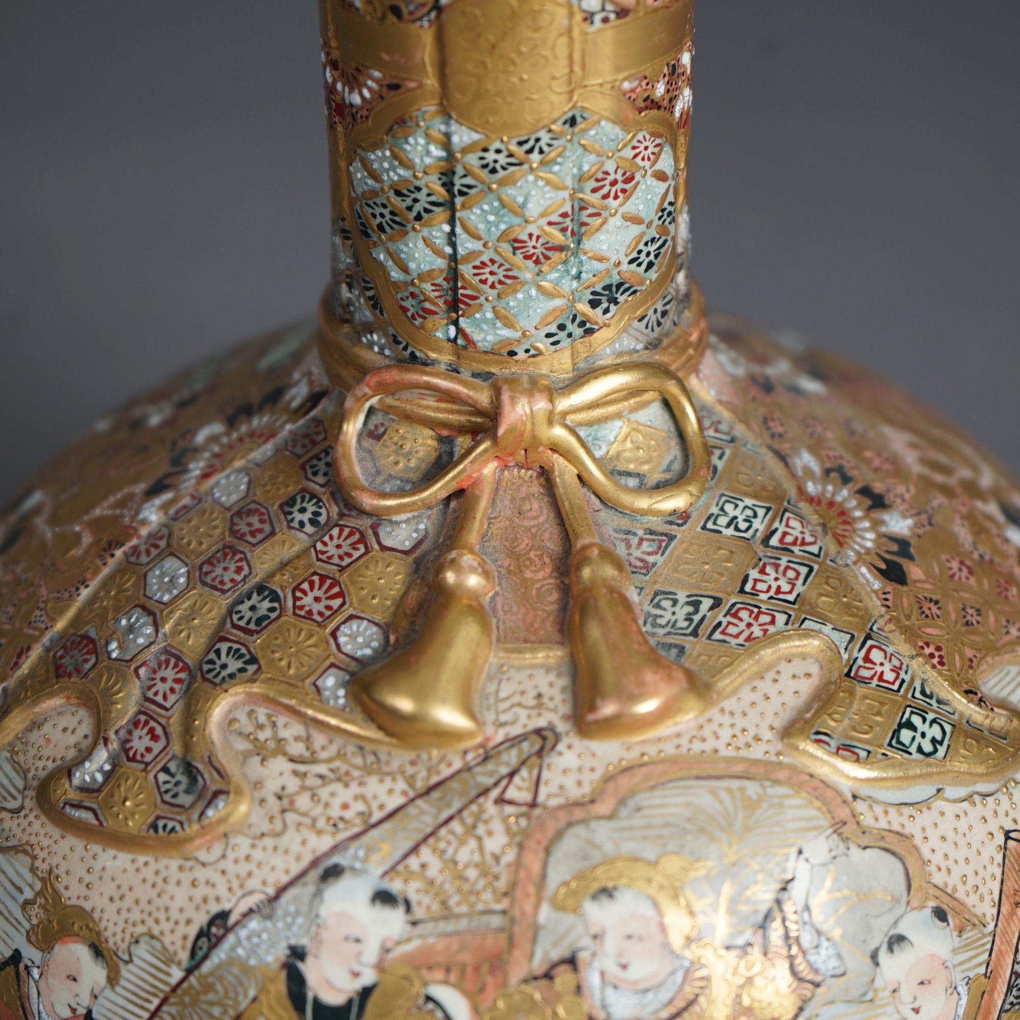 20th Century Antique Satsuma Meiji Porcelain Bottle Vase Hand Painted & Gilt Figures c1910 For Sale