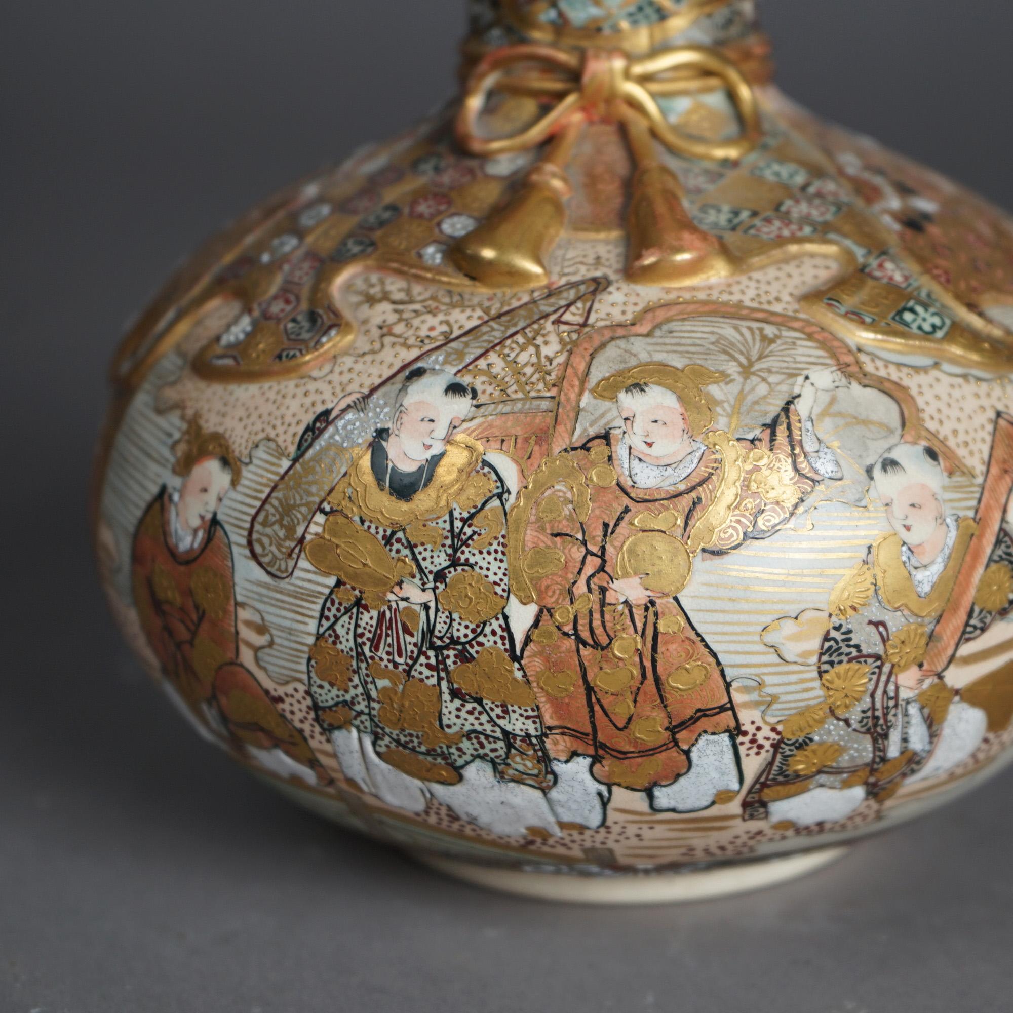 Pottery Antique Satsuma Meiji Porcelain Bottle Vase Hand Painted & Gilt Figures c1910 For Sale