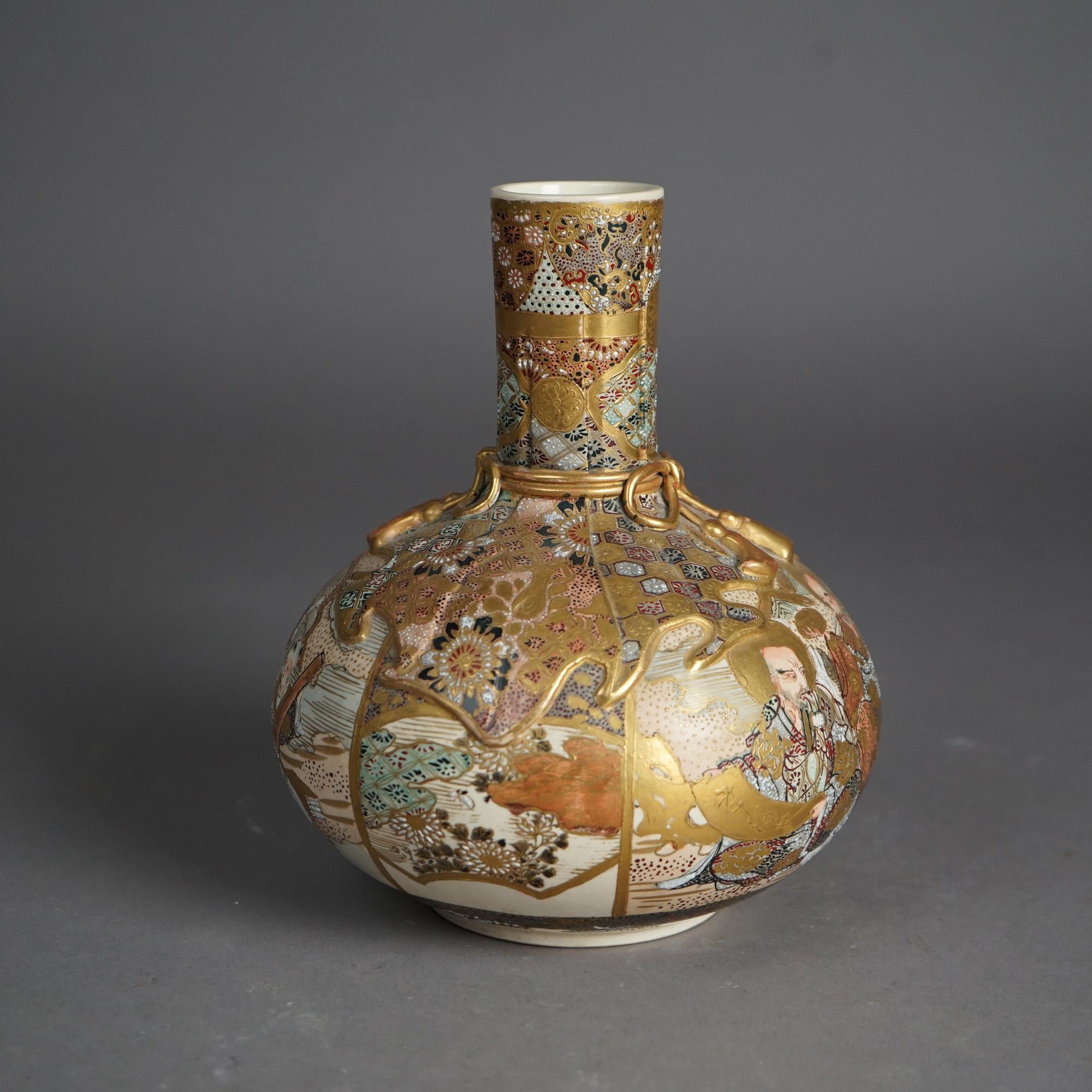 Antique Satsuma Meiji Porcelain Bottle Vase Hand Painted & Gilt Figures c1910 For Sale 1