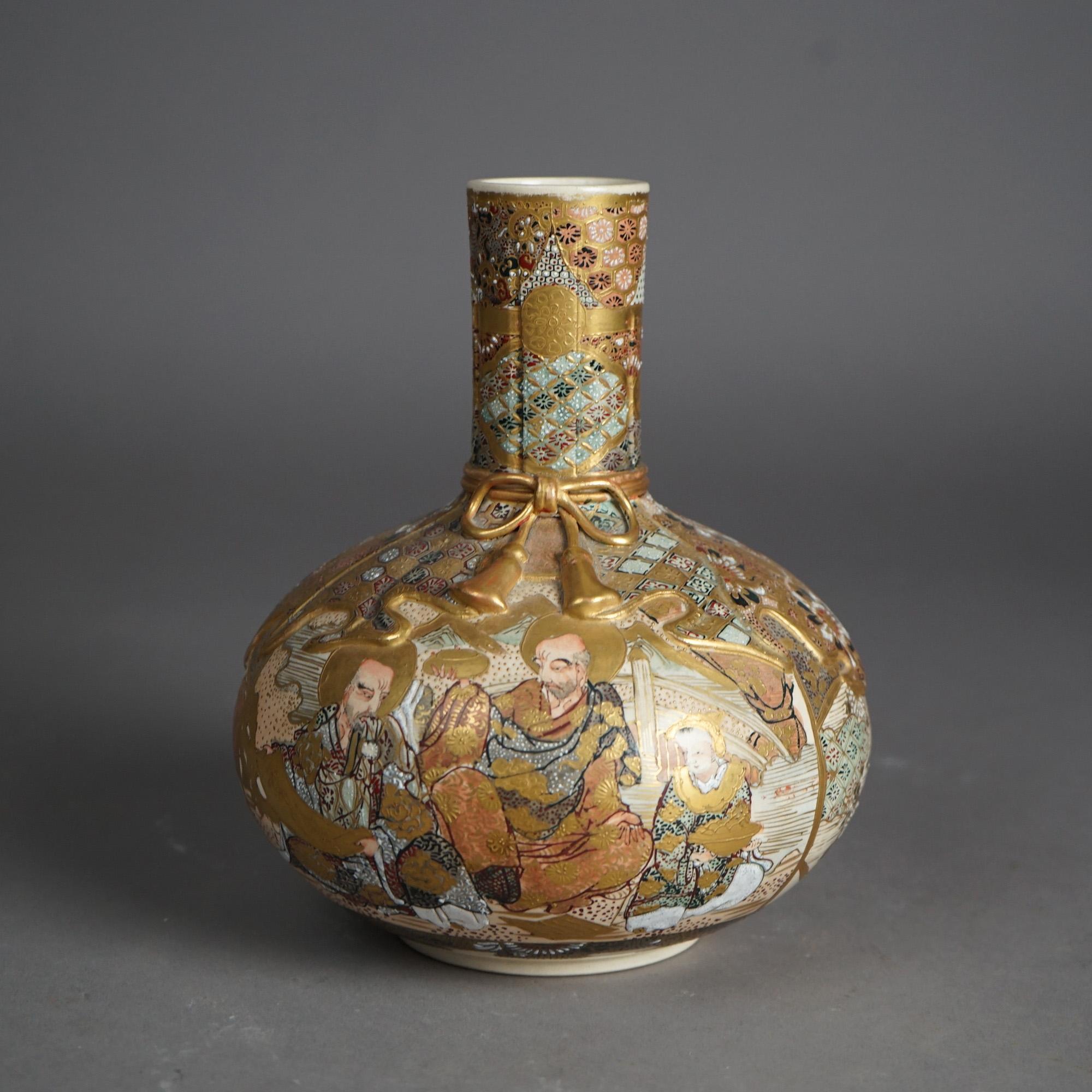 Antique Satsuma Meiji Porcelain Bottle Vase Hand Painted & Gilt Figures c1910 For Sale 2