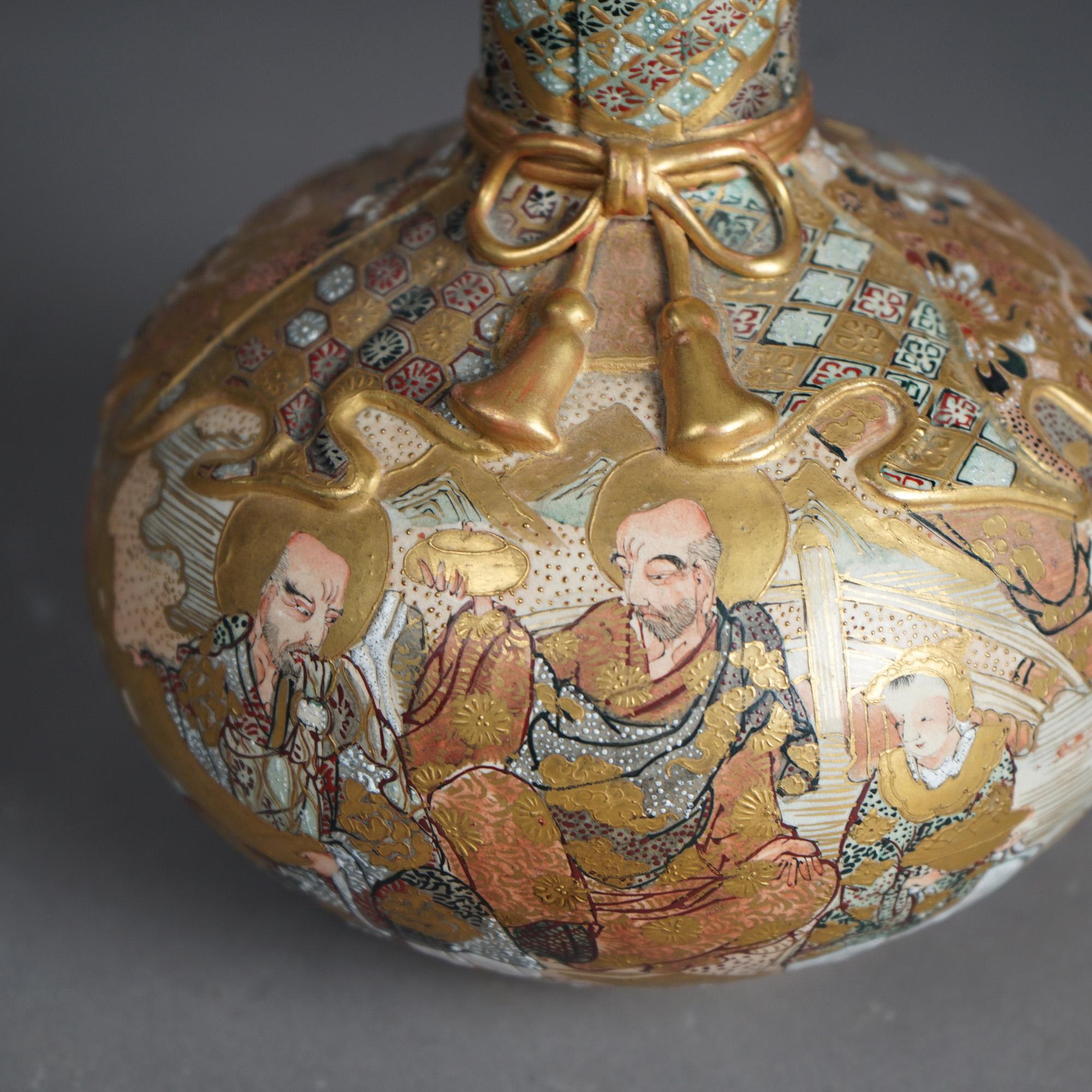 Antique Satsuma Meiji Porcelain Bottle Vase Hand Painted & Gilt Figures c1910 For Sale 3